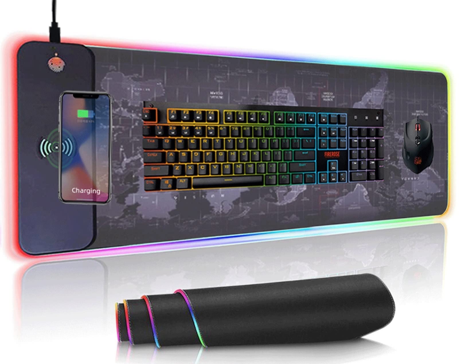 Rgb. Caricabatterie wireless da gioco GUIDATO Grande tappetino da tavolo da tavolo da 10W Desktop Desktop Qi Veloce Wireless Mousepad Tastiera tastiera estesa Tappetino for il mouse for laptop / uffic