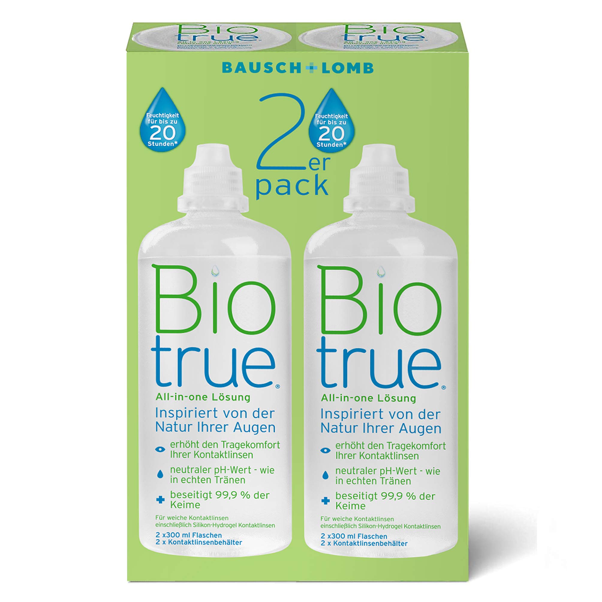 BiotrueMulti-Purpose Contact Lens Solution, 2x 300ml - Cushions and Rehydrates Soft Contact Lenses for Comfortable Wear - Condition, Clean, Remove Protein, Disinfect and Rinse - Includes Lens Case