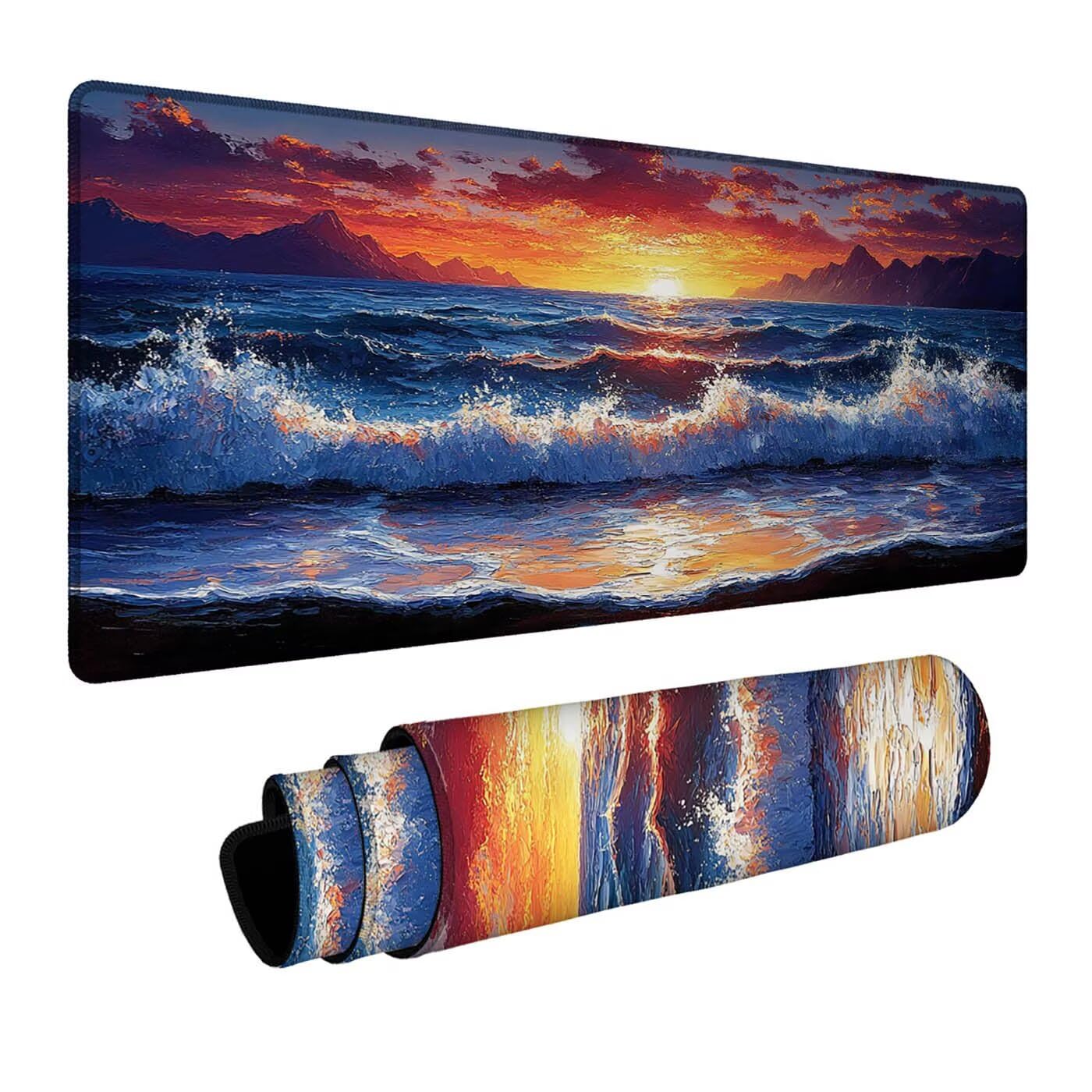 Podkładka pod mysz fale morskie XXL podkładka pod mysz 140 x 60 x 0,3 cm Podkładka pod mysz z antypoślizgową gumową podstawą do przenośnej klawiatury Gamer PC Dekoracja jesiennego biura krajobraz DBYH