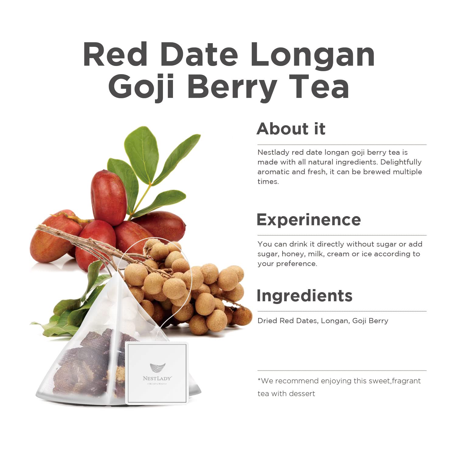 NESTLADY Red Date Longan Goji Berry Tea Bags, Herbal Fruit Tea Blend, 15 Bags 120g, 8g/Bag image 2