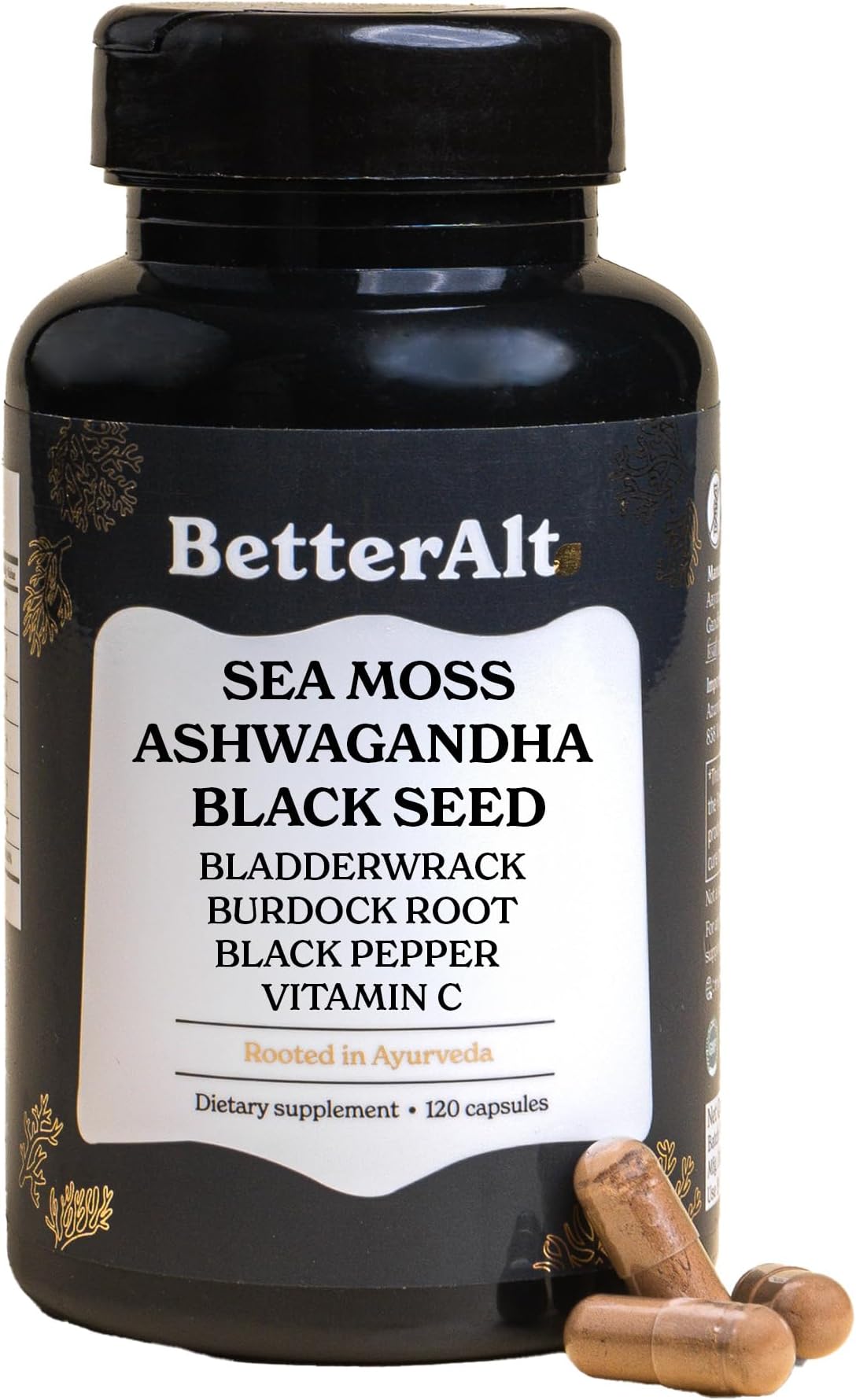 3000mg Iris Sea Moss, 2000mg Black Seed Oil, 1000mg Ashwagandha, 1000mg Burdrock Root, 1000 mg Bladderwrack with Black Pepper & Vitamin C | Vitality & Energy Support | All-in-one supplement | 120 Caps
