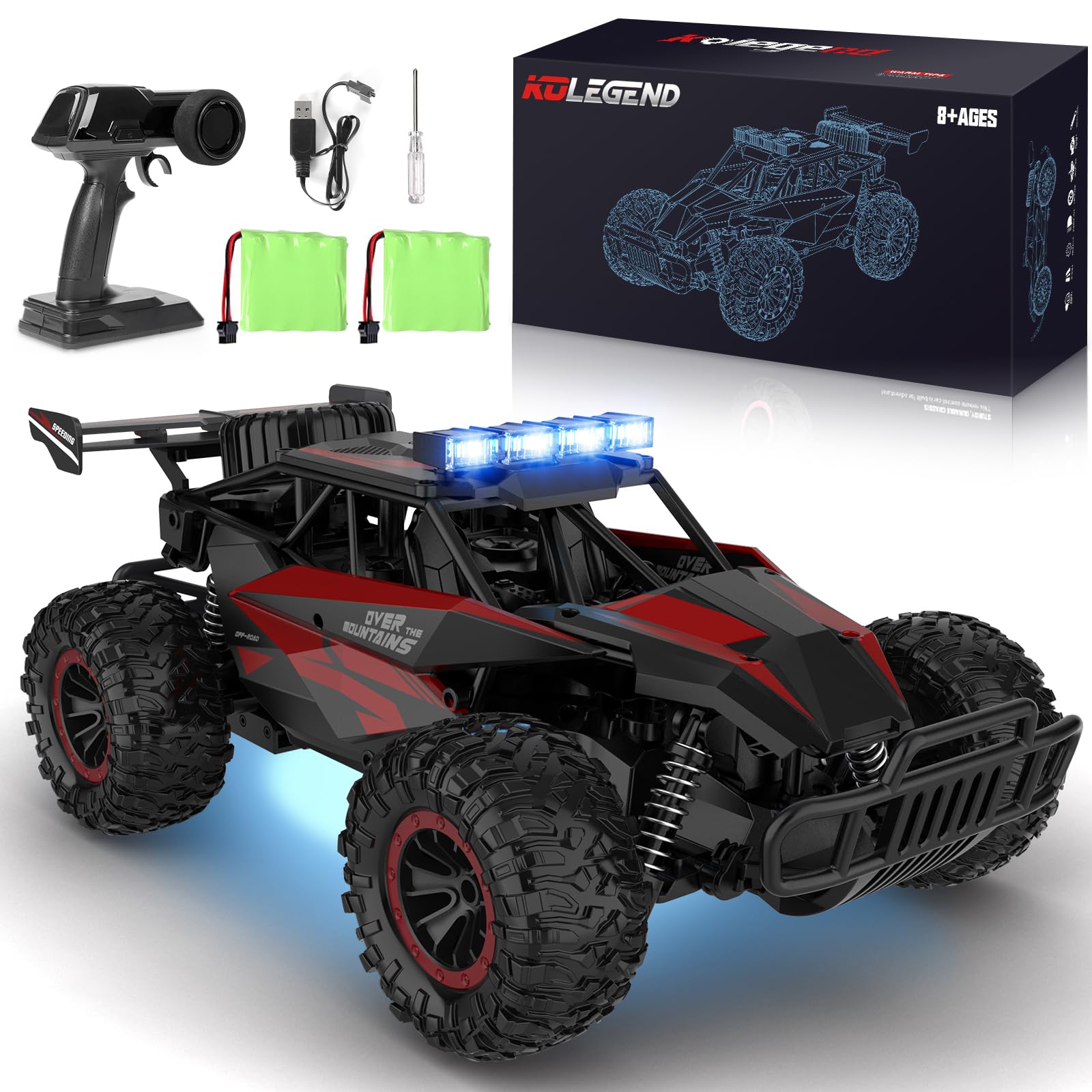 kolegend Remote Control Car 50+Min RC Cars Toys 1:12 Scale Monster Trucks 20KM/H Remote Control Monster Truck with LED Headlight and Rechargeable Battery Gifts for Boys 8-12,Black and Red