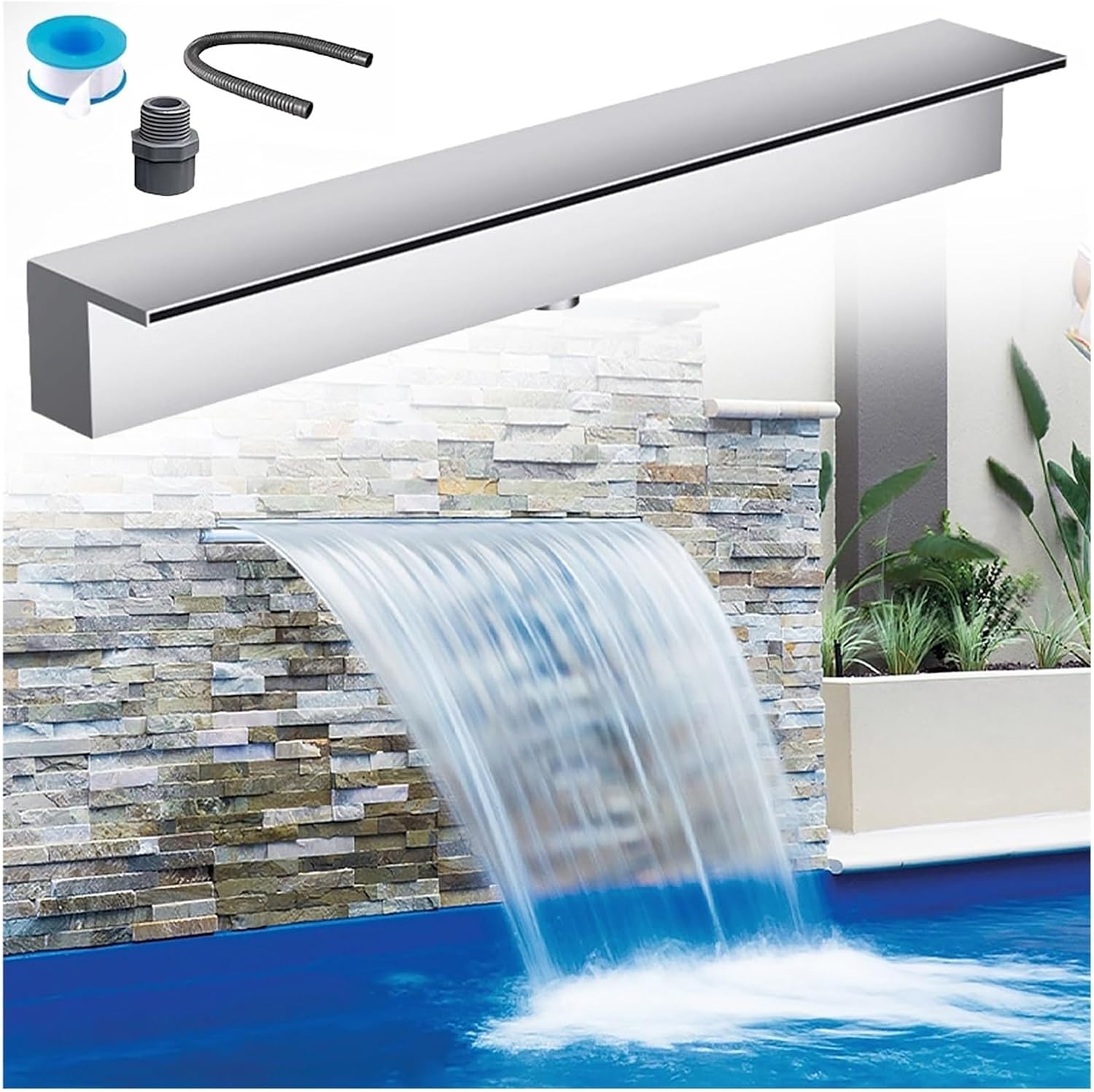 Stainless Steel Waterfall Spillway 12-72in for Garden, Pond, Pool & Patio - 26in Wide Water Spray Accessory, Embedded Mounting, Outdoor Fountain Decor