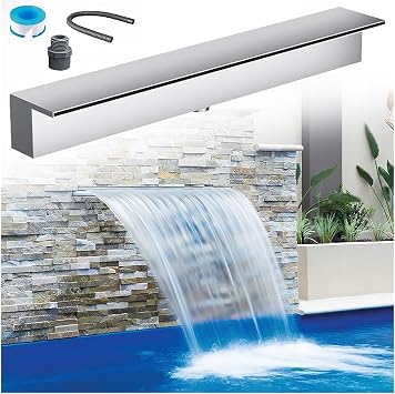 Waterfall Spillway 12-72in Wide, Garden Fish Pond Patio Deck Pool Fountain Waterfall Embedded Mounting, 304 Stainless Steel Spray Water AccessoriesSilver,Outlet W 55in/140cm