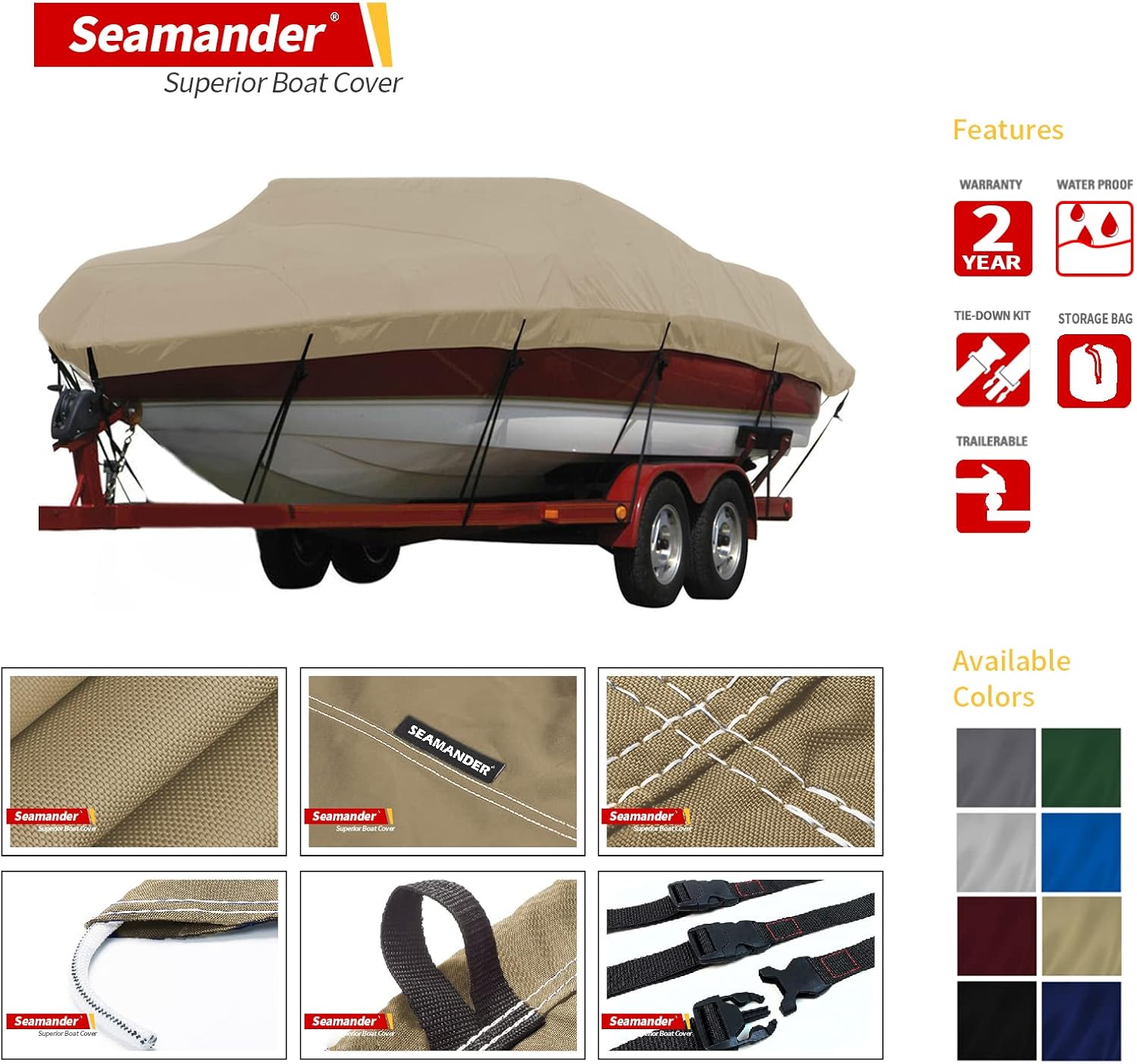 Seamander Waterproof Boat Cover, Solution-Dyed Yarn Marine Grade Cover Fits 19' to 20' ft Bass, V-Hull, Tri-Hull, Fish & Ski, Runabout Bowrider Boats - Heavy Duty Canvas Beige