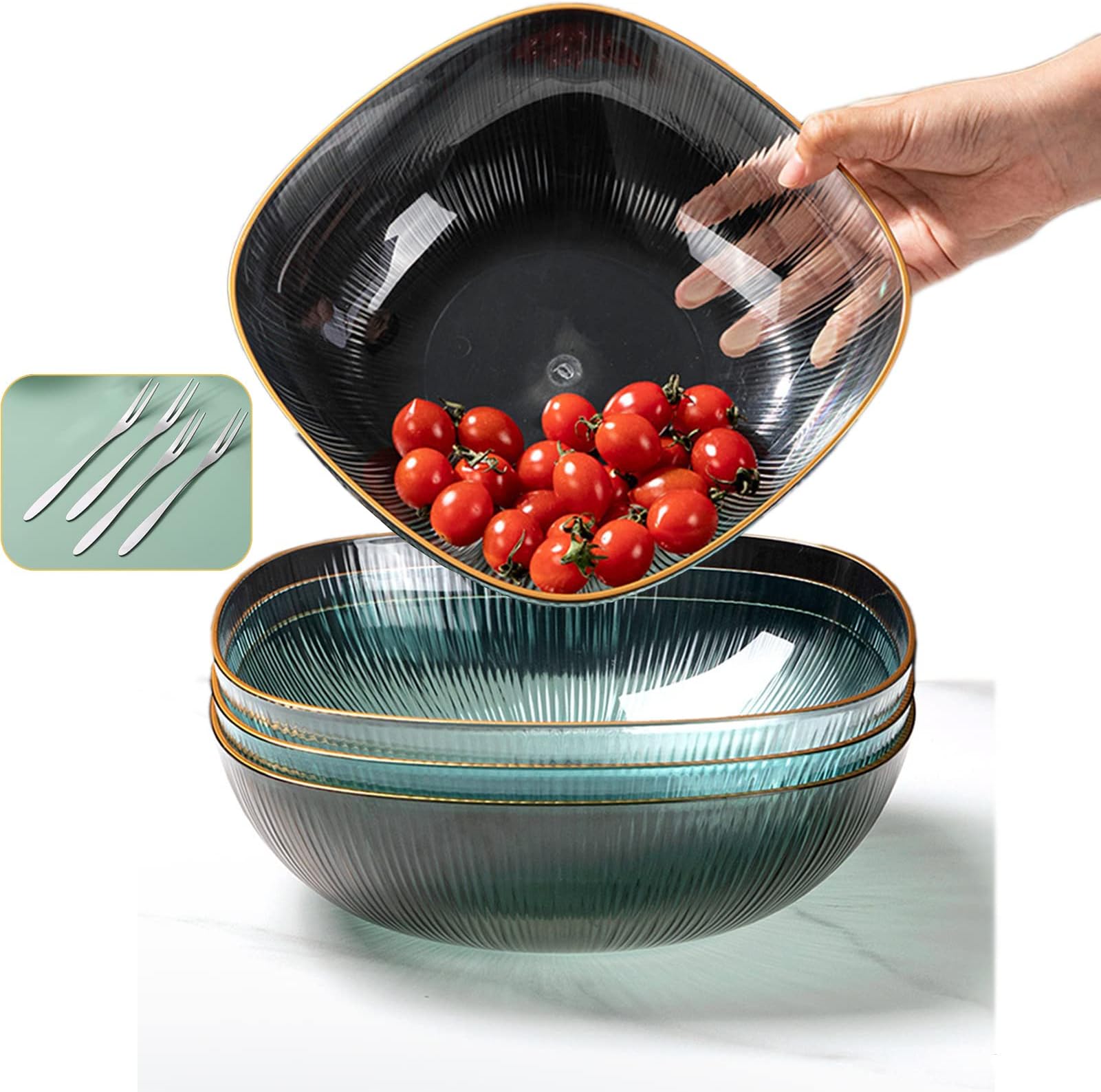 Qiccijoo Salad Bowl Set of 4,Acrylic Mixing and Serving Bowls,Reusable Large Plastic Bowl for Fruit, Salad,Popcorn,Chips,Party Snack,Comes with 4 Stainless Steel Fruit Forks