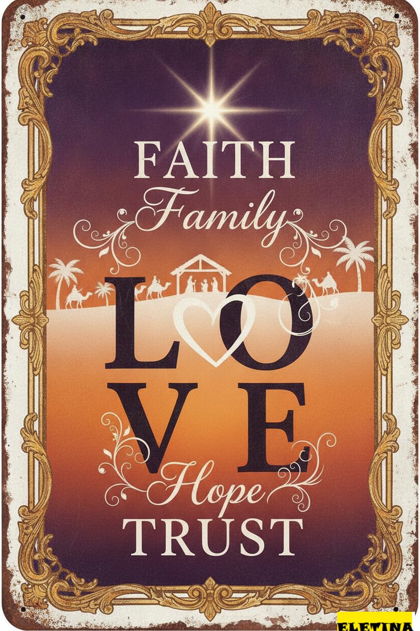 Faith Family Love Hope Trust Easter Bible Verse Nativity Scene Vintage Farmhouse Religious Wall Art 8x12in