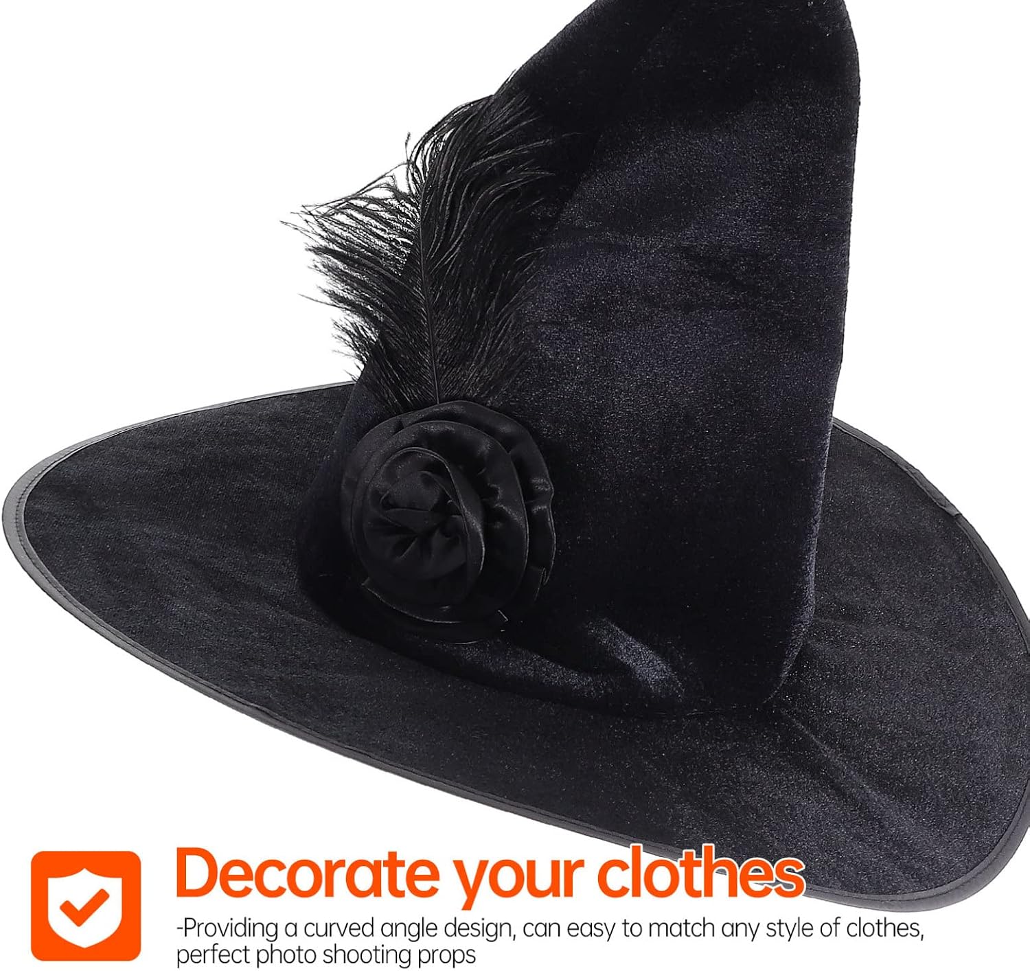 Mobestech Womens Witch Hat Velvet Halloween Party Hat Black Witch Costume Accessory 16.7 Inch Curved Design for Dress up Photo Props and Festive Events
