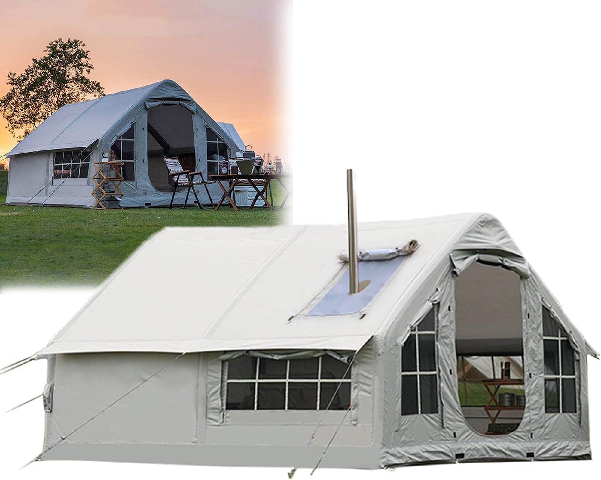 RQLSSSLMXJ Inflatable Camping Tent with Stove Jack, Waterproof Season Design for People, Includes Air Pump and Skylight with Mesh Windows