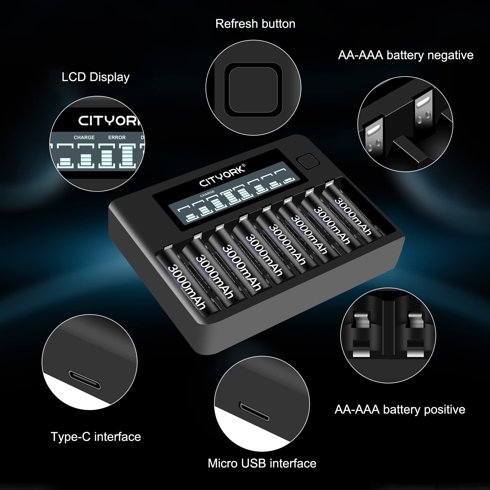 CITYORK Cargador de batería con 16 pilas AA de 3000 mAh, para pilas AA, AAA NI-MH recargables, 8 ranuras LCD