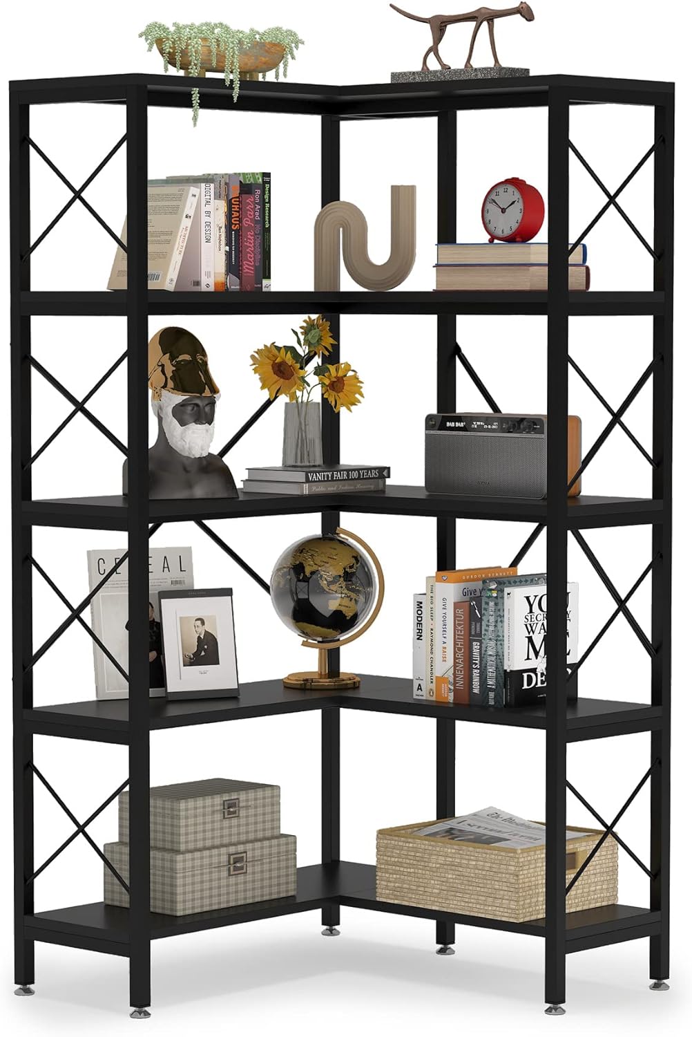 LITTLE TREE 5Shelf Corner Bookshelf, 5 Tier Large Modern Corner Bookcase Corner