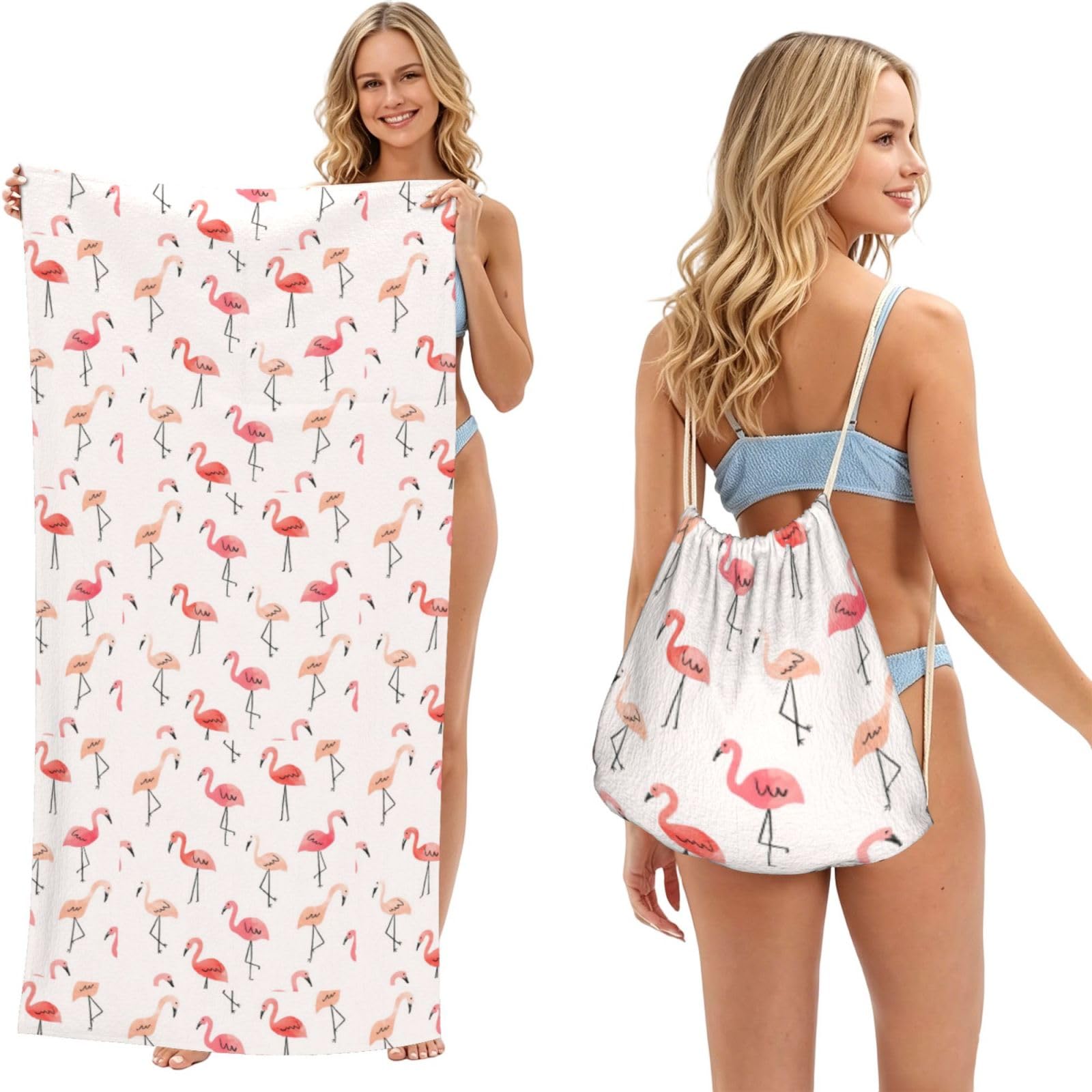 LMNvbz Flamingo. Print 2 In 1 Packable Beach Towel Bag, Quick Dry Backpack Microfiber Mat For Camping, Travel, Vacation, Cruise, And Picnic
