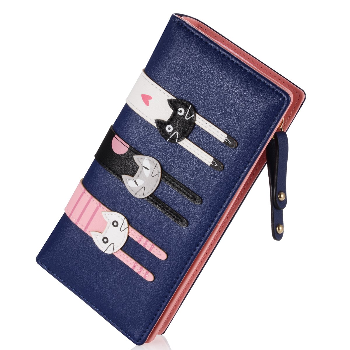 Women's Wallet Cute Cat Wallet Coin Purse Bifold Long Purse with Zipper Dark Blue