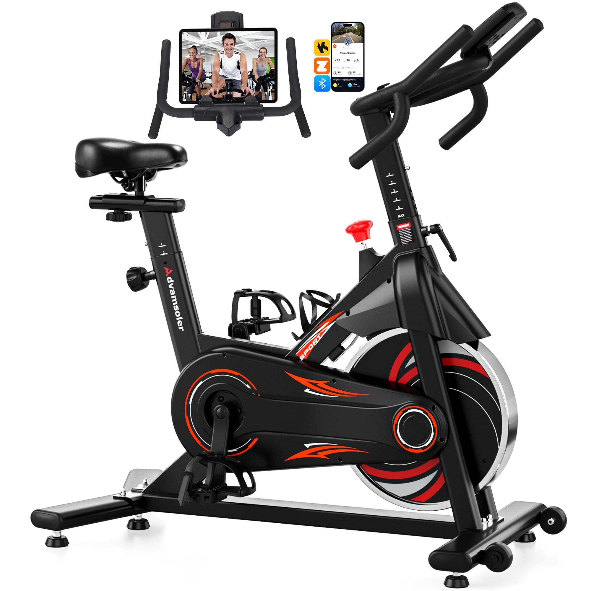 Advamsoler Exercise Bike, Spin Bike with App for Home Use, Indoor Cycling Bike with Curved Handlebar, Stationary Bike with LCD Display & Bluetooth Connection, Comfortable Seat, 350LBS Capacity