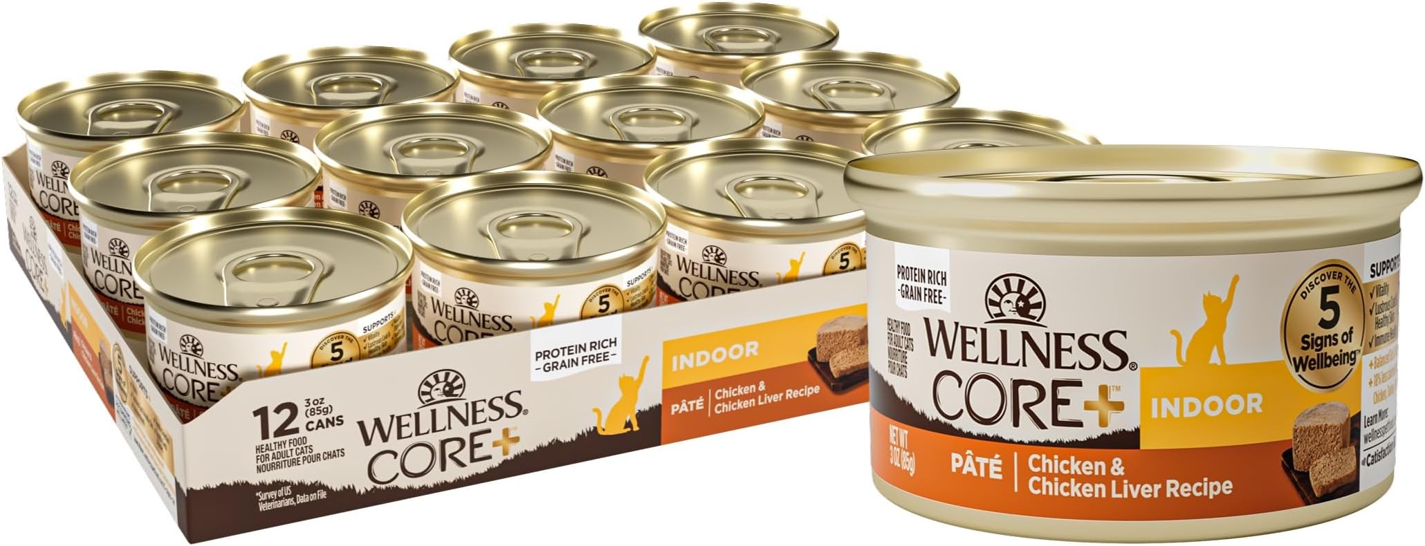 CORE+ Indoor Pate Adult Wet Cat Food, Natural, Protein-Rich, Grain Free, 3 Ounce, 12 Pack (Chicken & Chicken Liver)