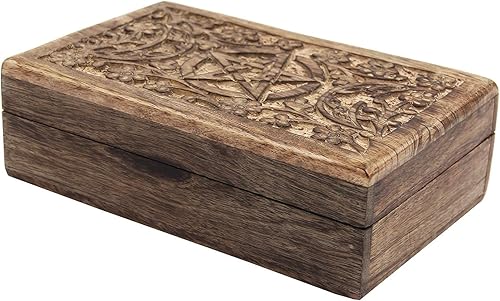 Miniatura 4 de DharmaObjects Caja de almacenamiento de madera tallada a mano para joyería (Triple Moon, grande)