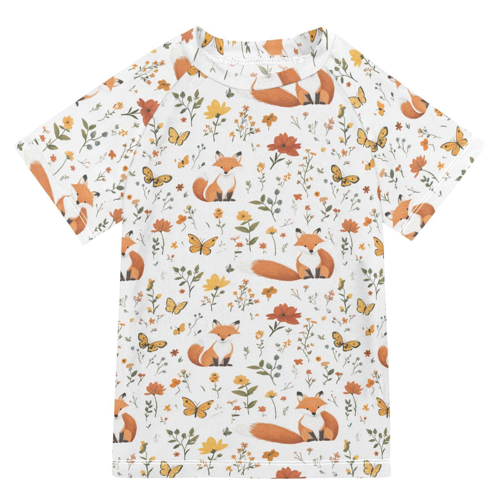 Rash Guard Bathing Suit Girls Short Sleeve Rash Guard Swimsuit 7T Cartoon Fox White