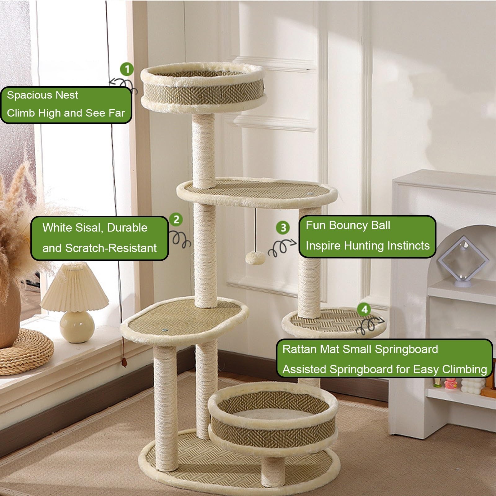 Torre Moderna Tiragraffi Gatto a Più Livelli con Tiragraffi in Sisal Bianco, Cucce per Gatti, Trespolo Superiore, Palline Penzolanti e Piattaforme per Saltare
