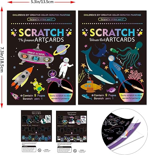 Miniatura 9 de Juego de 2 libros de arte mágico para rascar para niños, unicornios y princesas, juego de 2 piezas de papel mágico para rascar para niños,