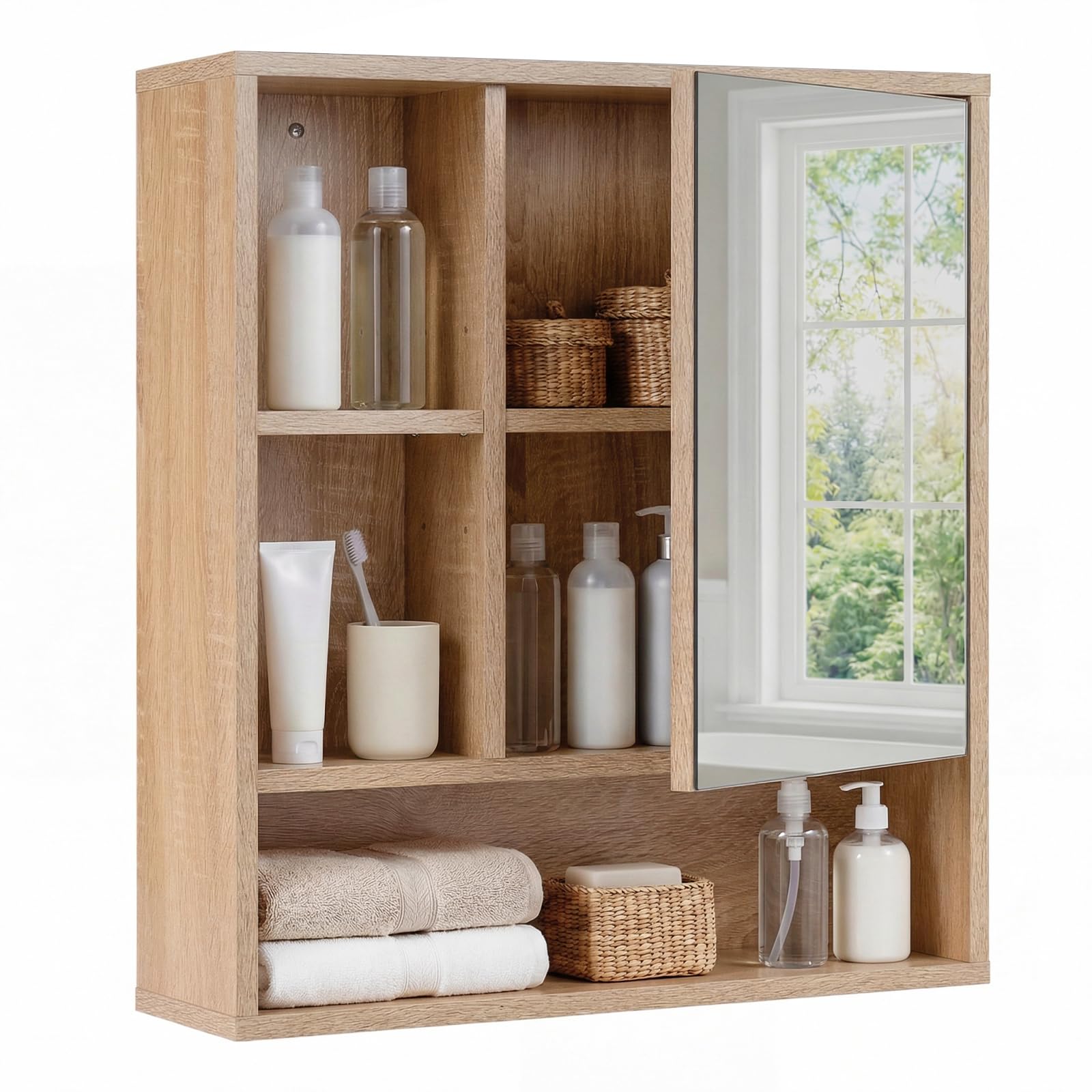 COSTWAY Bathroom Mirror Cabinet, Wall Mounted Storage Cupboard with Single Door and 3 Open Shelves, Wooden Bathroom Unit Wall Medicine Cabinet for Living Room, Kitchen, Hallway (Natural, 55x16x61cm)