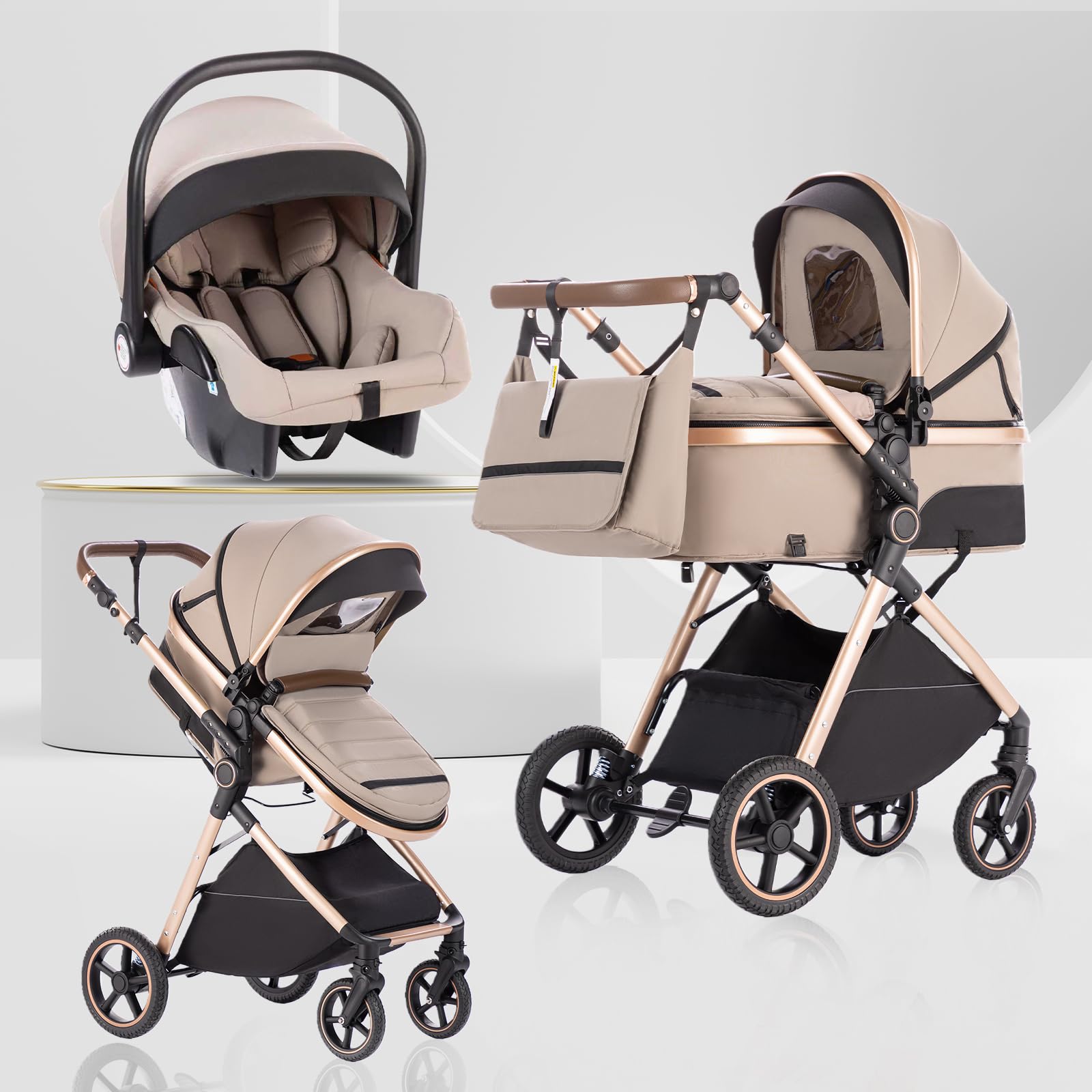 Kinderwagen 3 in 1, Buggy Klein Zusammenklappbar mit Moskitonetz und Regenschutz, Reise Kinderwagen mit Verstellbarer Griff, Räder aus PU, Geeignet für 0-3 Jahre