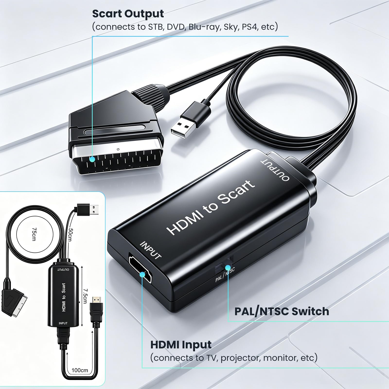 AMANKA HDMI a Scart Convertitore, 480i-1080P HDMI Ingresso SCART Uscita Adattatore Con HDMI e USB Cavo con HD Stereo Audio Adaperter per DVD HDTV SKY PS VHS ecc