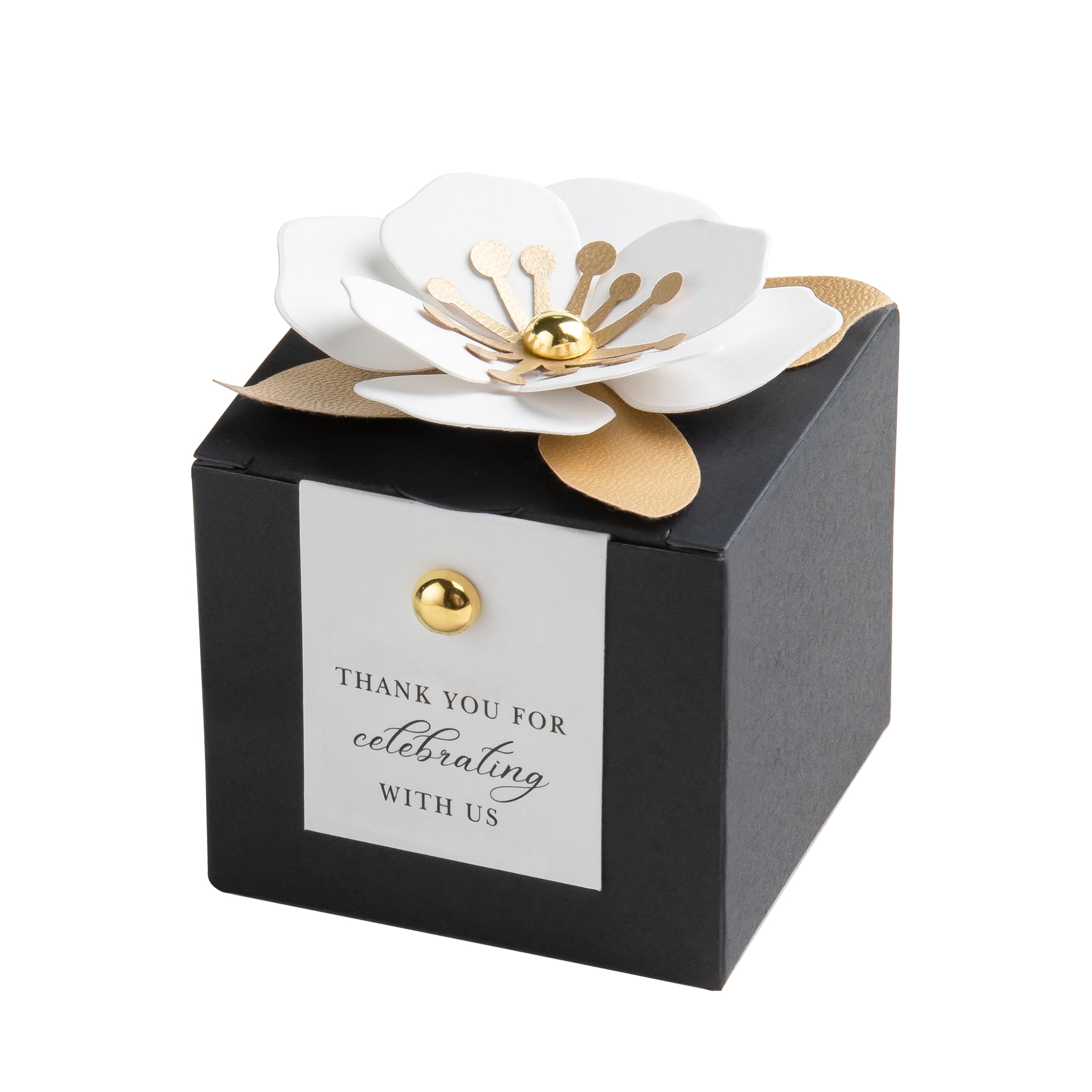 FEIYI 20 PCS Candy Boxes, 3 In 1 Black Favor Boxes with Floral Decor, White Thank You Tags Gift wrapping for Wedding Birthday Baby Shower Decorations