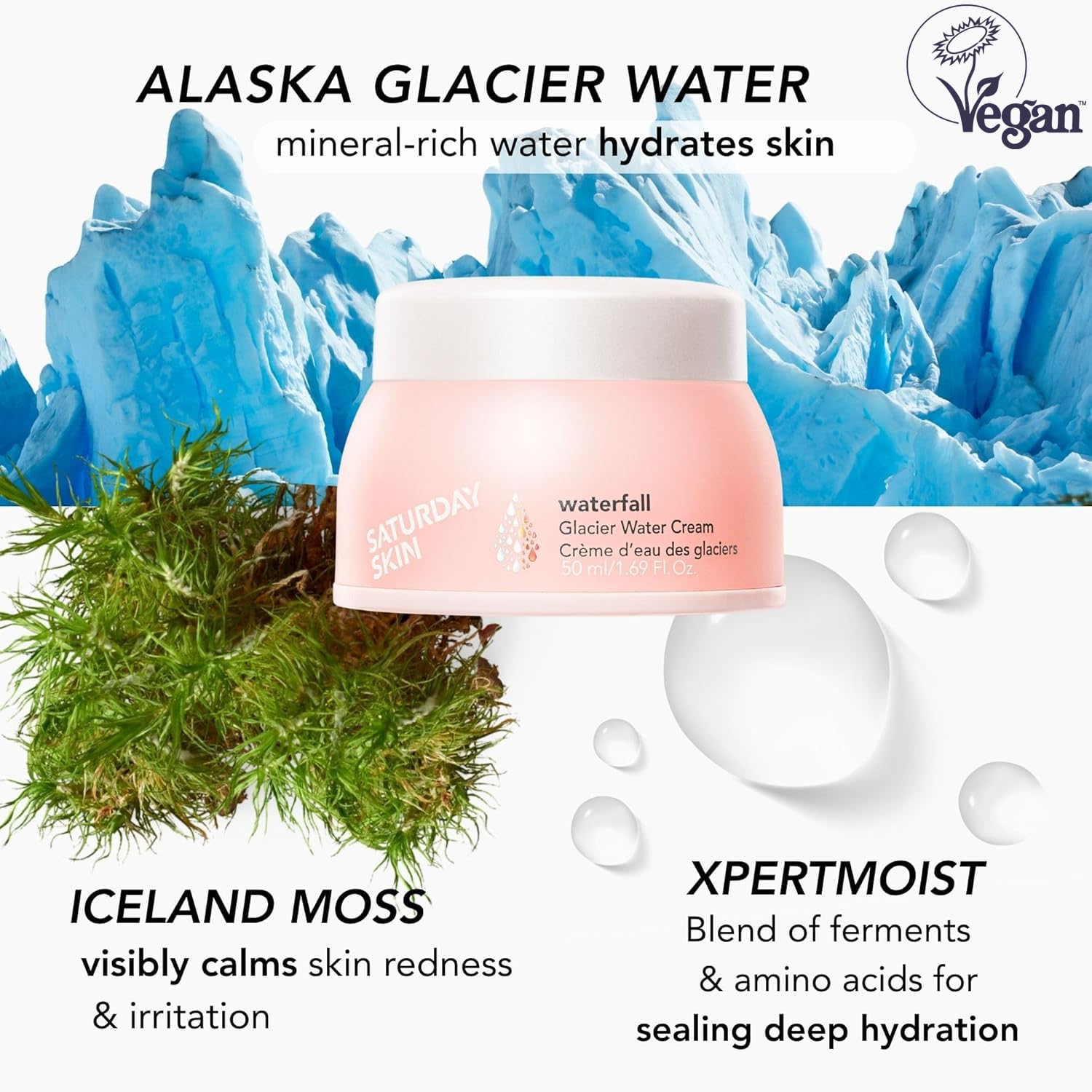 Saturday Skin Waterfall Glacier Water Face Cream – Oil Free Korean Face Moisturizer for Oily Skin, Lightweight Gel Face Moisturizer & Cute Moisturizer, Day & Night Korean Night Cream(1.69 Fl Oz/50ml)