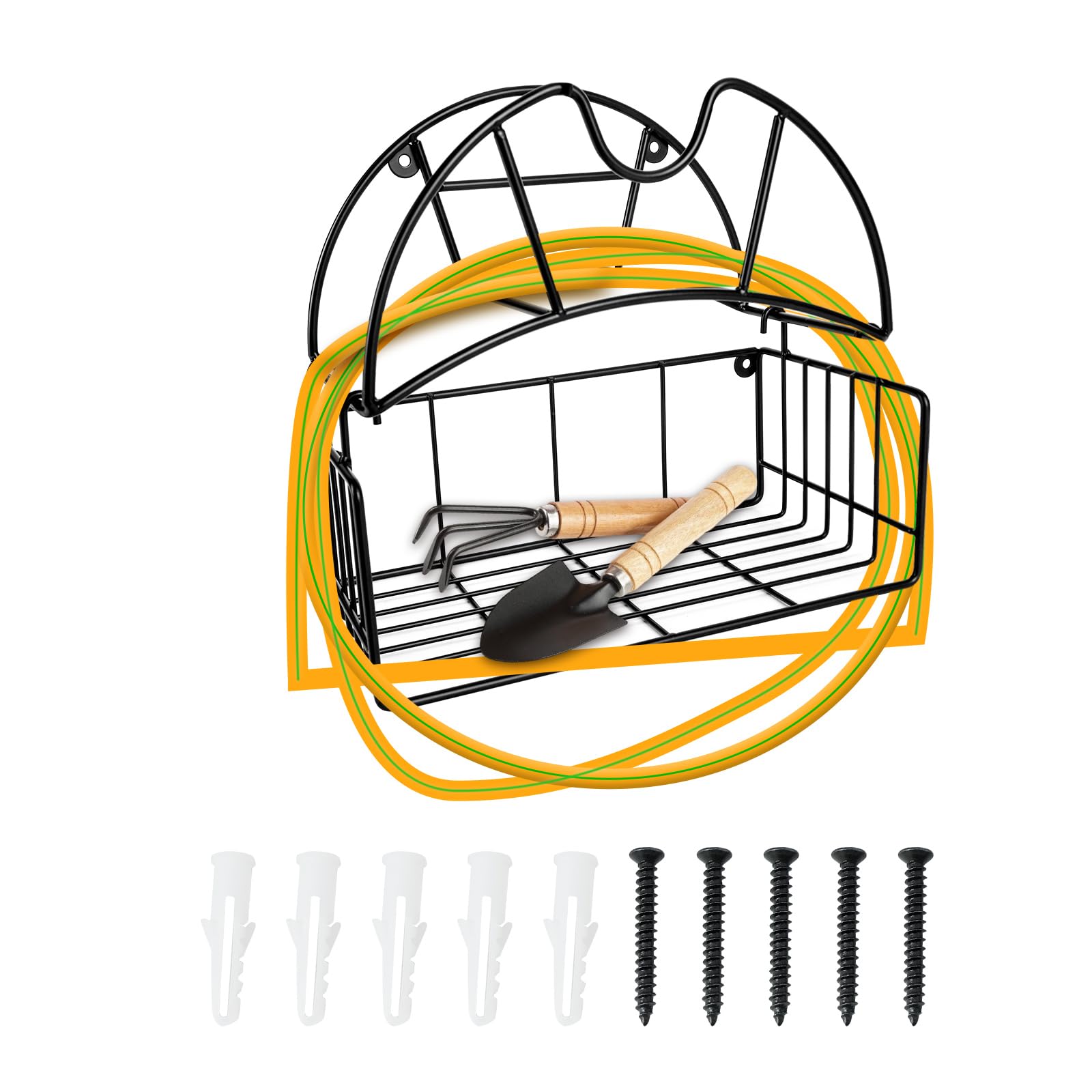 Support de tuyau d'arrosage en acier robuste avec panier de rangement mural stable