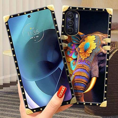 Miniatura 5 de TAMEFOX Funda para Moto G 5G 2022, hermosa funda cuadrada de elefante con diseño elegante de lujo para mujer, decoración de metal, esquina a prueba