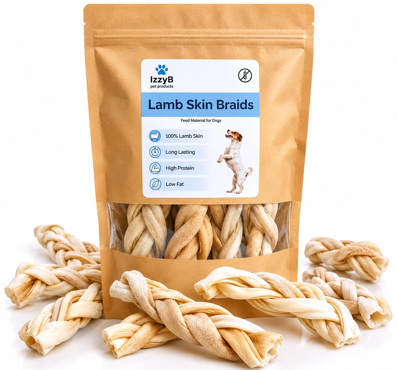 IzzyB Pet Products Natural Skin Braids for Dogs โ Goat & Lamb Braids | Long Lasting Natural Dog Chews | High Protein Novel Treats (15 Pack, Lamb)