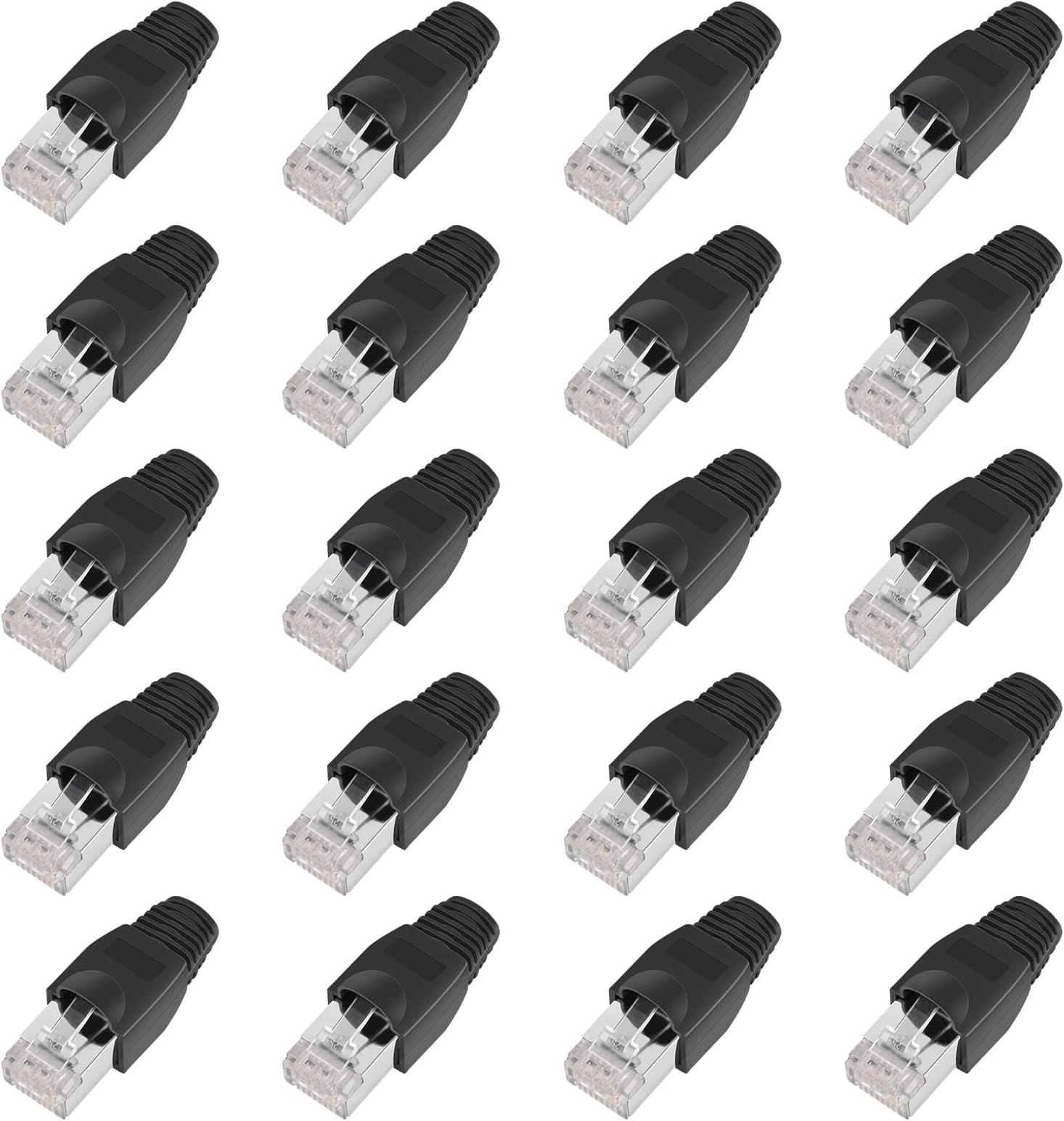 20x Shielded Modular Plugs RJ45 Network Ethernet Cat5e Cat5 Cat 5e CAT6 Cat6e 8P8C UTP STP 50U Gold Plated LAN Cable Plug Crimp Ends Connectors with Black Protective Boots Covers