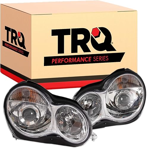 TRQ Juego de Conjunto de Ensamble de Faros de 2 Piezas de Desempeño Halógeno con Marco Cromado Conductor y Lado del Pasajero Compatible con Mercedes