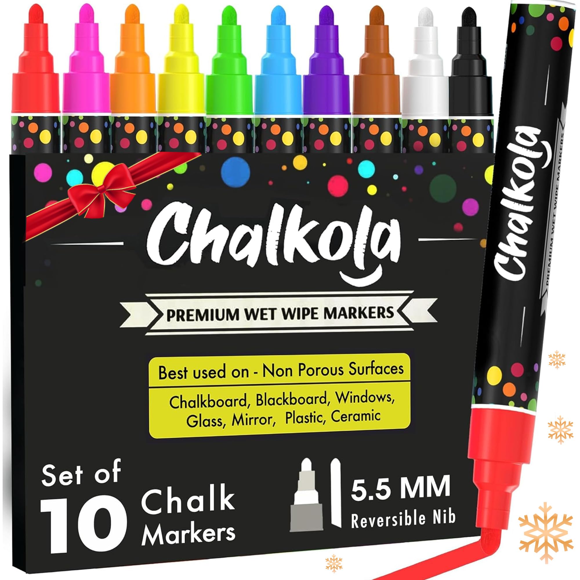 Chalk Markers for Chalkboard, Blackboard, Window, Bistro, Car Glass, Board, Mirror (10 Pack, 6mm) - Wet Wipe Erasable Liquid Chalk Pens Paint Ink - 6mm Reversible Tip Chalkboard Markers