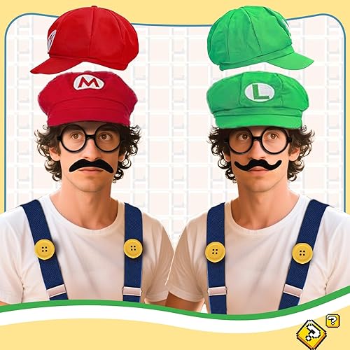 Miniatura 6 de Super Bros Costume Kit with Hat, Mustaches, Suspenders, Gloves Buttons ang Glasses frame for Halloween, Cosplay and Christmas