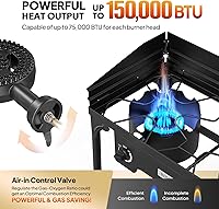 Vista 3 de ROVSUN Estufa de camping al aire libre de 2 quemadores con panel de viento, quemador de propano de 150,000 BTU, cocina de gas con patas desmontables