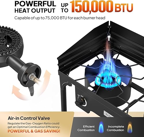 Miniatura 10 de ROVSUN Estufa de camping al aire libre de 2 quemadores con panel de viento y estantes, quemador de propano resistente y resistente, cocina de gas