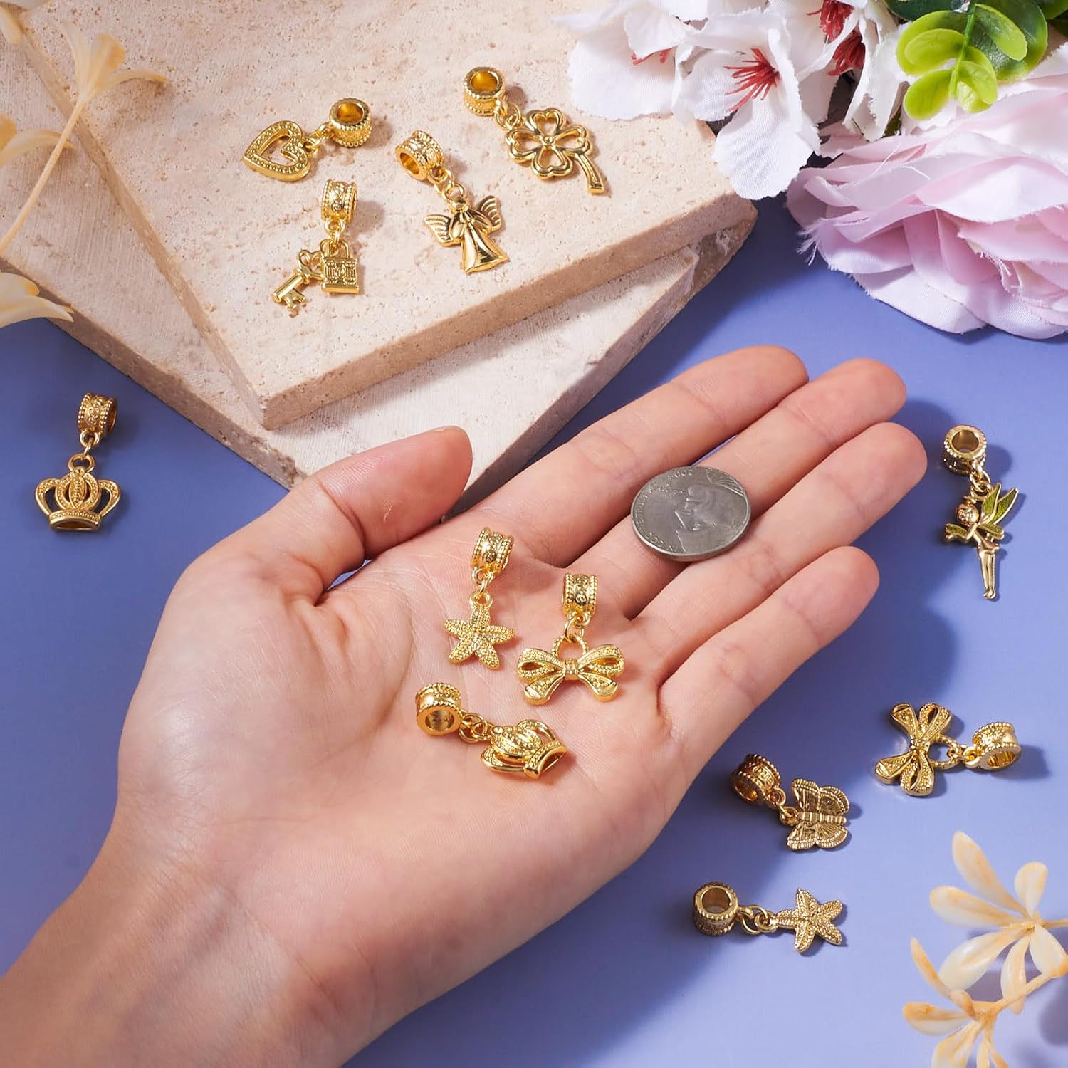 Craftdady 18 pcs Gold Dangle Charm with Bail Beads Tibetan Style European Dangle Pendants Angel Bowknot Butterfly Heart Large Hole Pendants for Necklace Bracelet Jewelry Making Crafting image 4