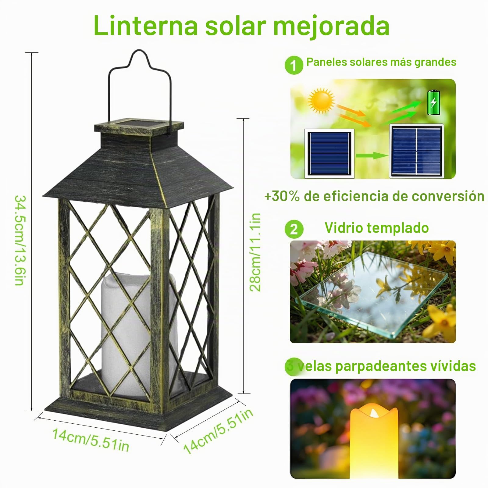 35cm Farolillos Solares Exterior, 2 Piezas Bronce | IP44 impermeable, vela parpadeante, vidrio templado, faroles solares exterior jardin para jardin terraza mesa balcón camping