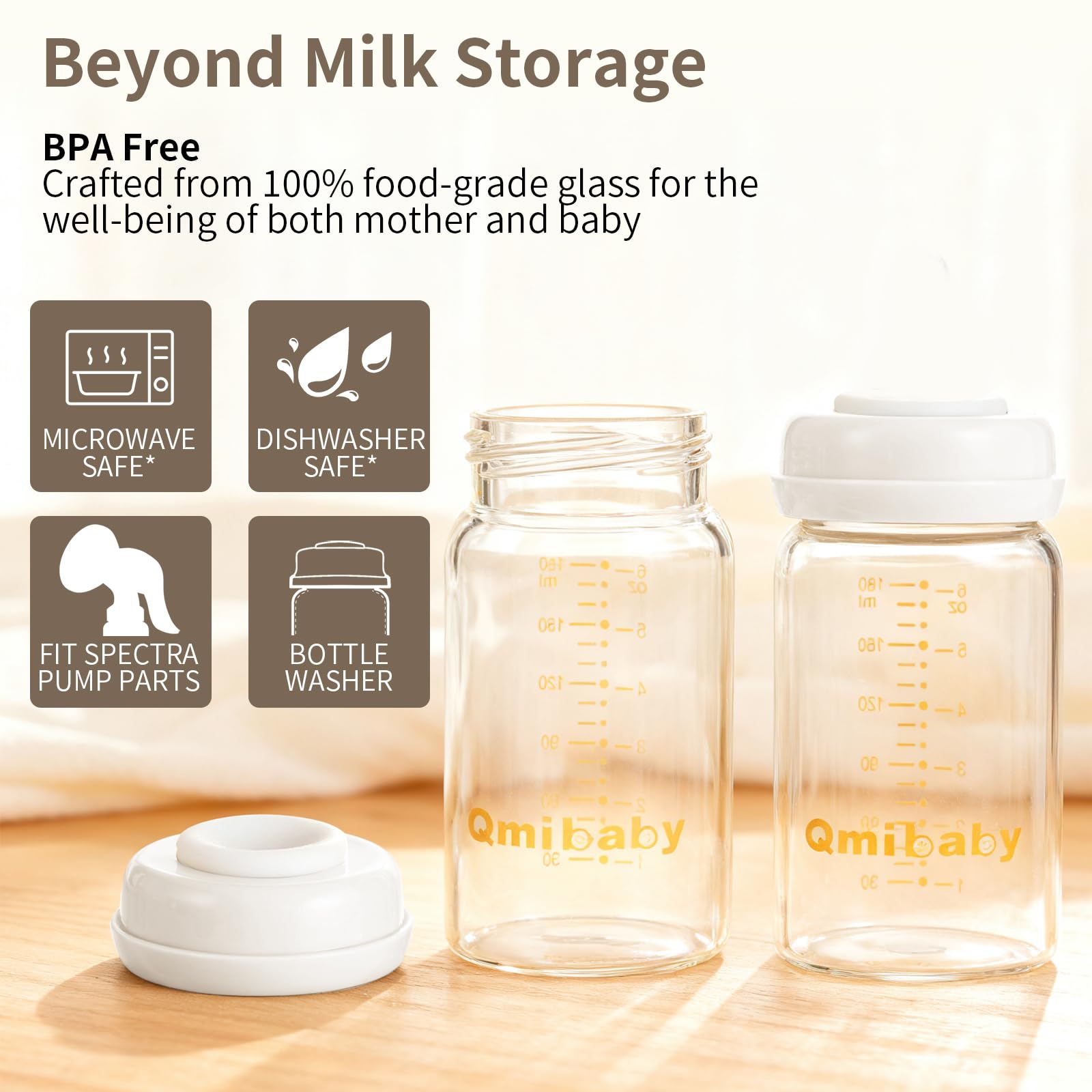 Glass Breast Milk Storage Bottles 180ml BPA-Free Natural Baby Bottle for Breastmilk Storage Wide Neck Bottles with Screw Ring Sealing Disk Leak-Proof Breastfeeding Milk Collection (White) - Image 4
