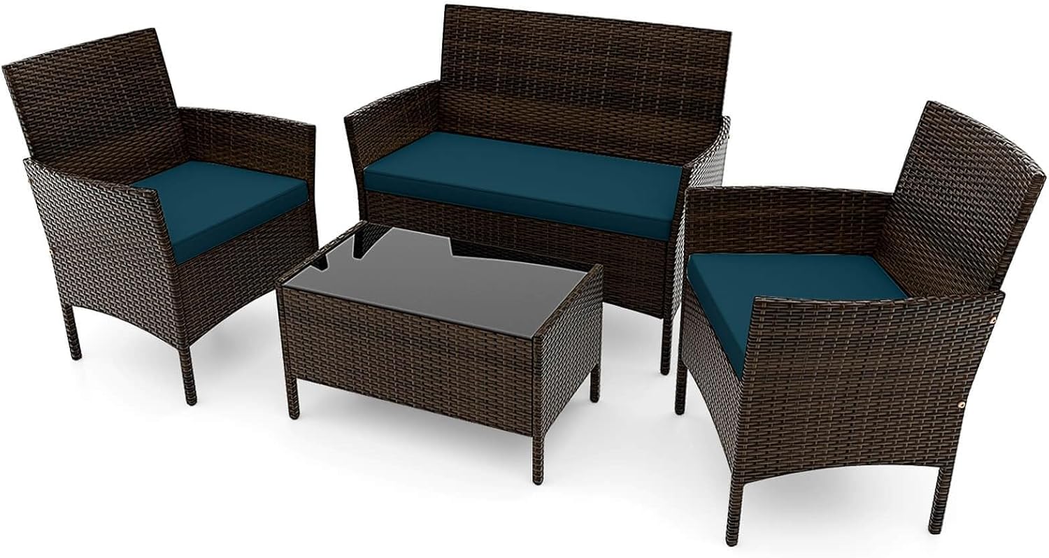4 PCS Patio Furniture Set with Washable Cushions and Sturdy Tempered Glass Coffee Table