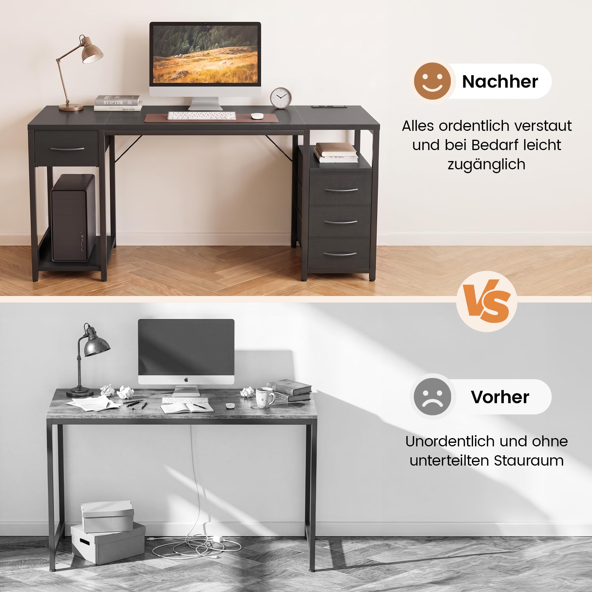 YOUDENOVA Schreibtisch mit 4 Schubladen, Computertisch 140cm mit Steckdosen und USB A/C, CPU-Ständer, Ablagefach, Stabiler Bürotisch PC Tisch Officetisch Für Büro Wohnzimmer Home Gaming Schwarz
