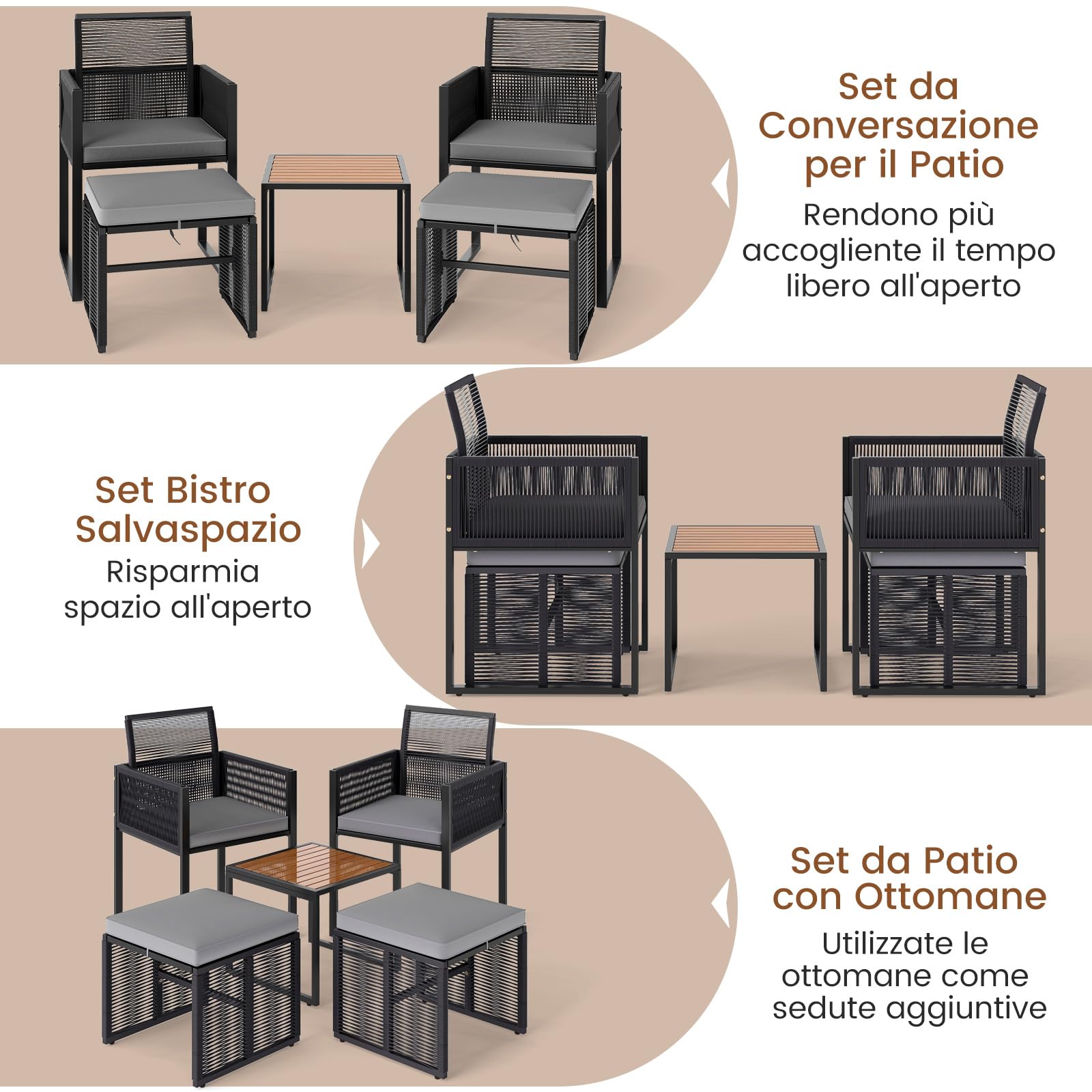 COSTWAY 5 Pezzi Set da Esterno in Rattan PE con Cuscini | Set Mobili da Giardino con Sedie Poggiapiedi e Tavolino da Caffè, Poltrone Lounge Salvaspazio per Balcone, Piscina e Cortile