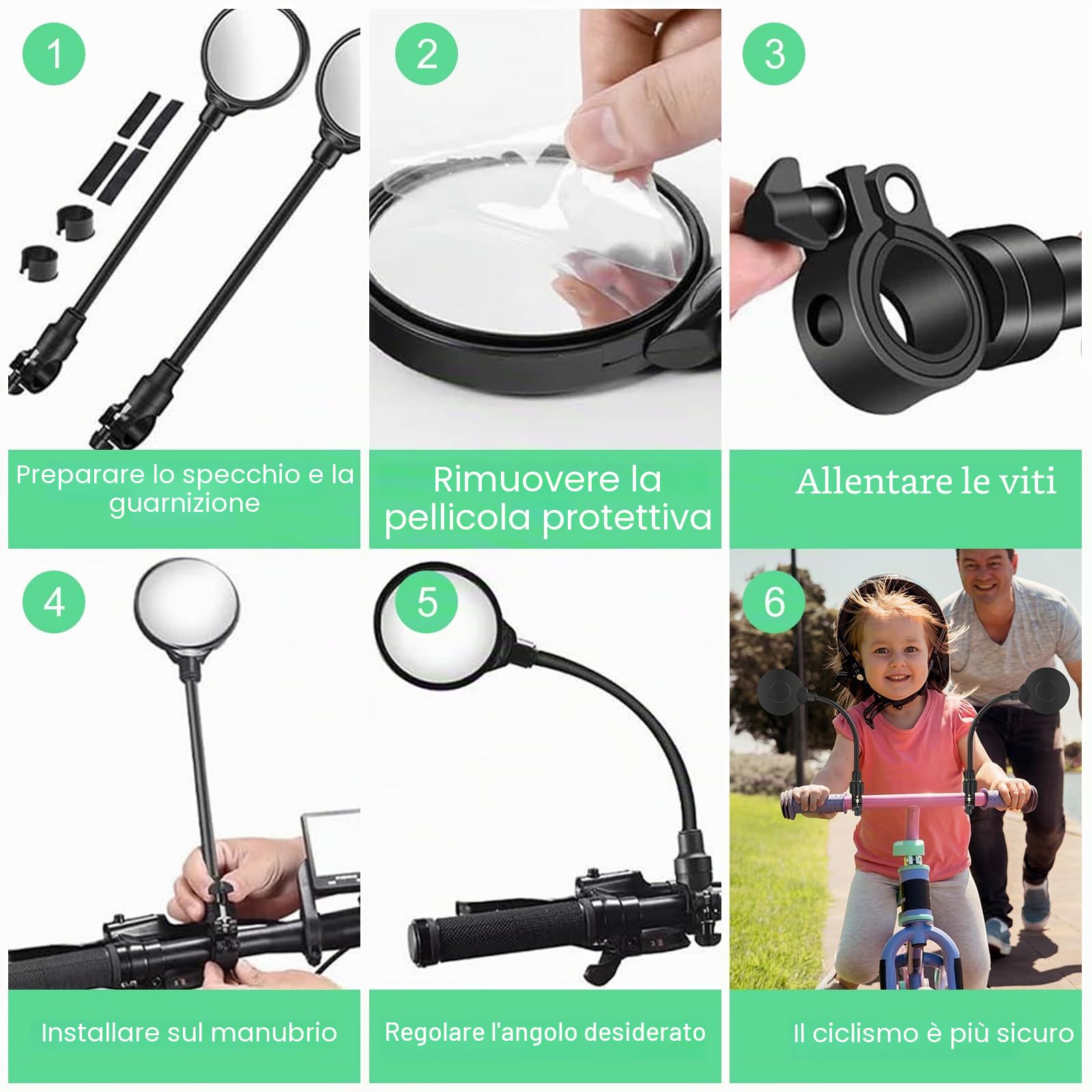 Gvolatee 2 Pezzi Specchietto Bici Elettrica, 360° Ruotabile Specchietti Bici, Specchietto Retrovisore per Bicicletta, Specchio per Scooter Elettrico per Manubrio 22-32mm, Tondo HD Specchi Bici(Nero)