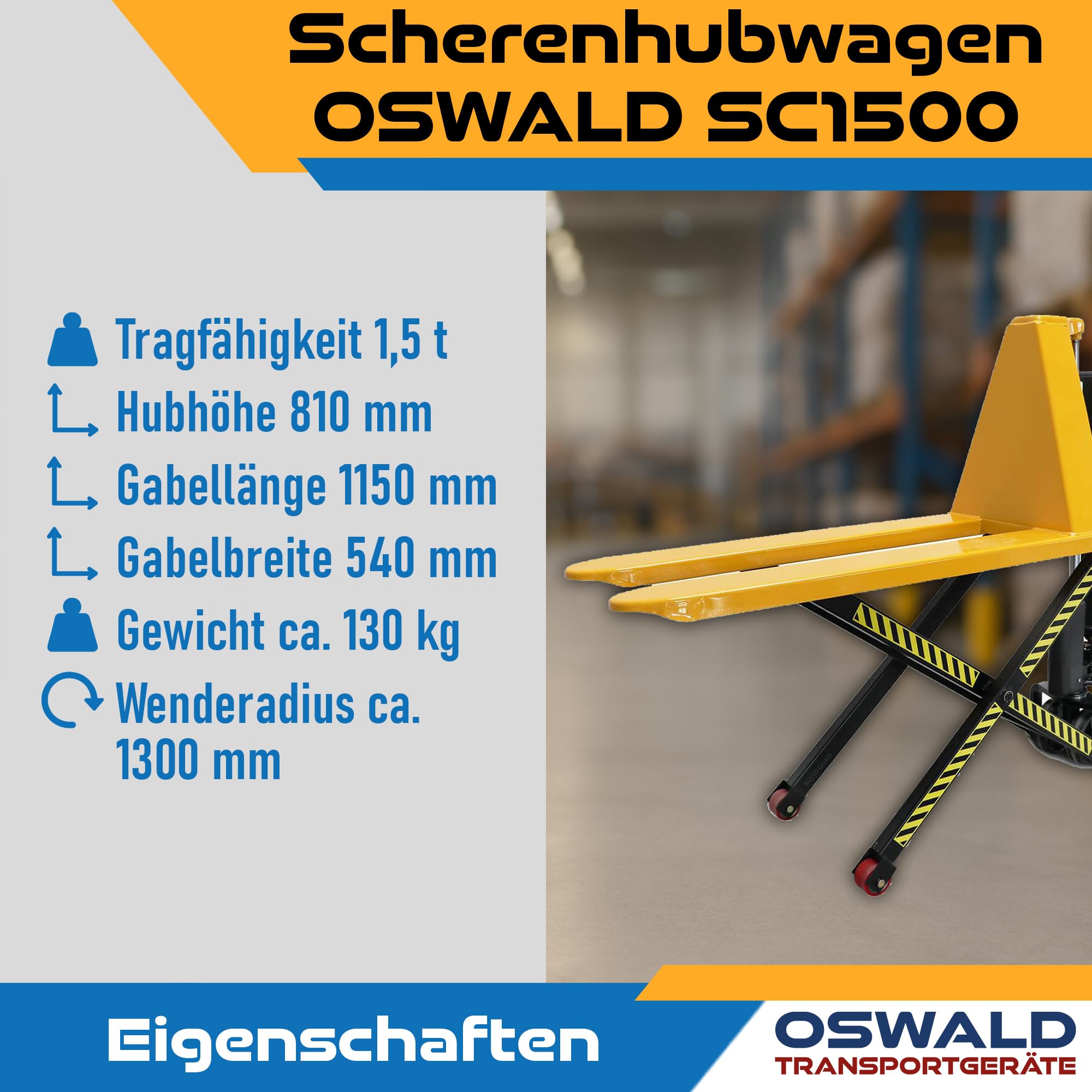 Scherenhubwagen Oswald SC1500 1500 kg 810 mm Hubhöhe Hubtisch Hubwagen PU Rollen