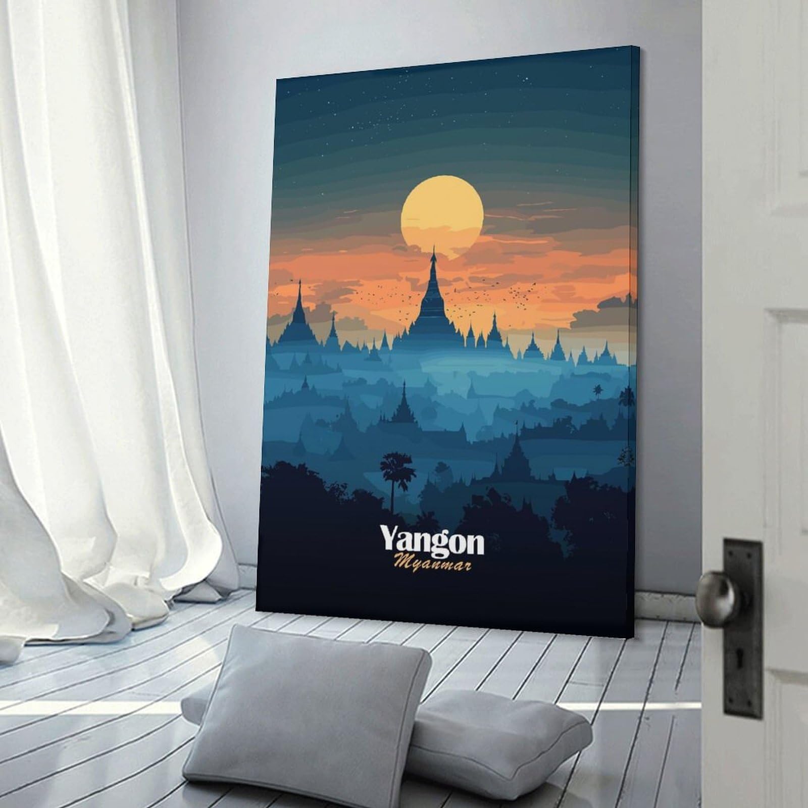 Junmoney Frame-Style-24 Decorative Wall Artwork Yangon Skyline Sunset, 08X12inch(20X30cm), For New Homes, Bedrooms Or Workspaces, Canvas Artwork With Gifting Potential