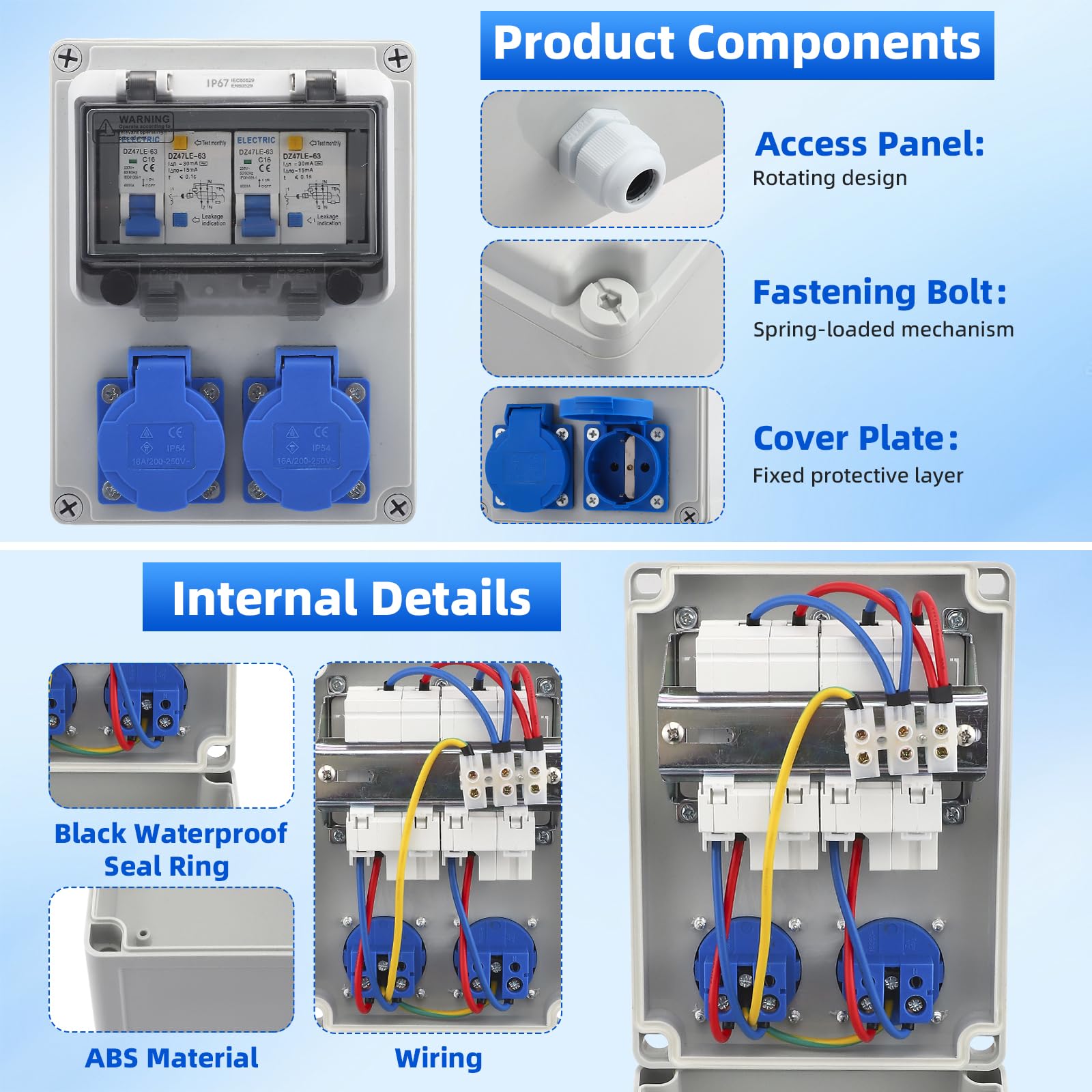 Scatola di Distribuzione Elettrica da Cantiere 16A,Scatola di Distribuzione a Parete 230V,Distributore di Corrente da Costruzione con Interruttore Differenziale (RCD) Presa IP67 per Cantieri Esterni