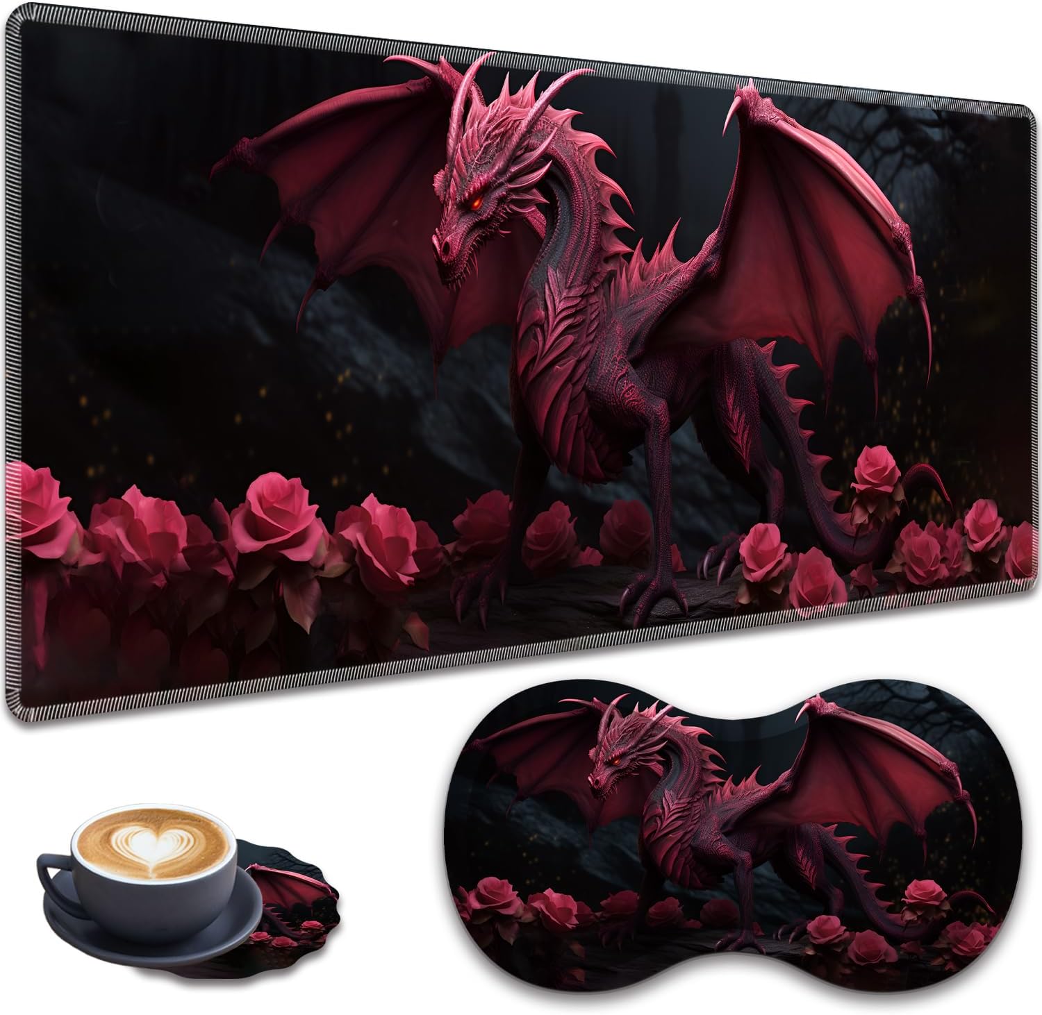 Mouse Pad Set, Large Gaming Mouse Pad (31.5X 11.8 inches)+ Wrist Rest Pad + Coaster, Ergonomic Wrist pad, Home Office Desk Accessories Decor Supplies, Rose Dragon