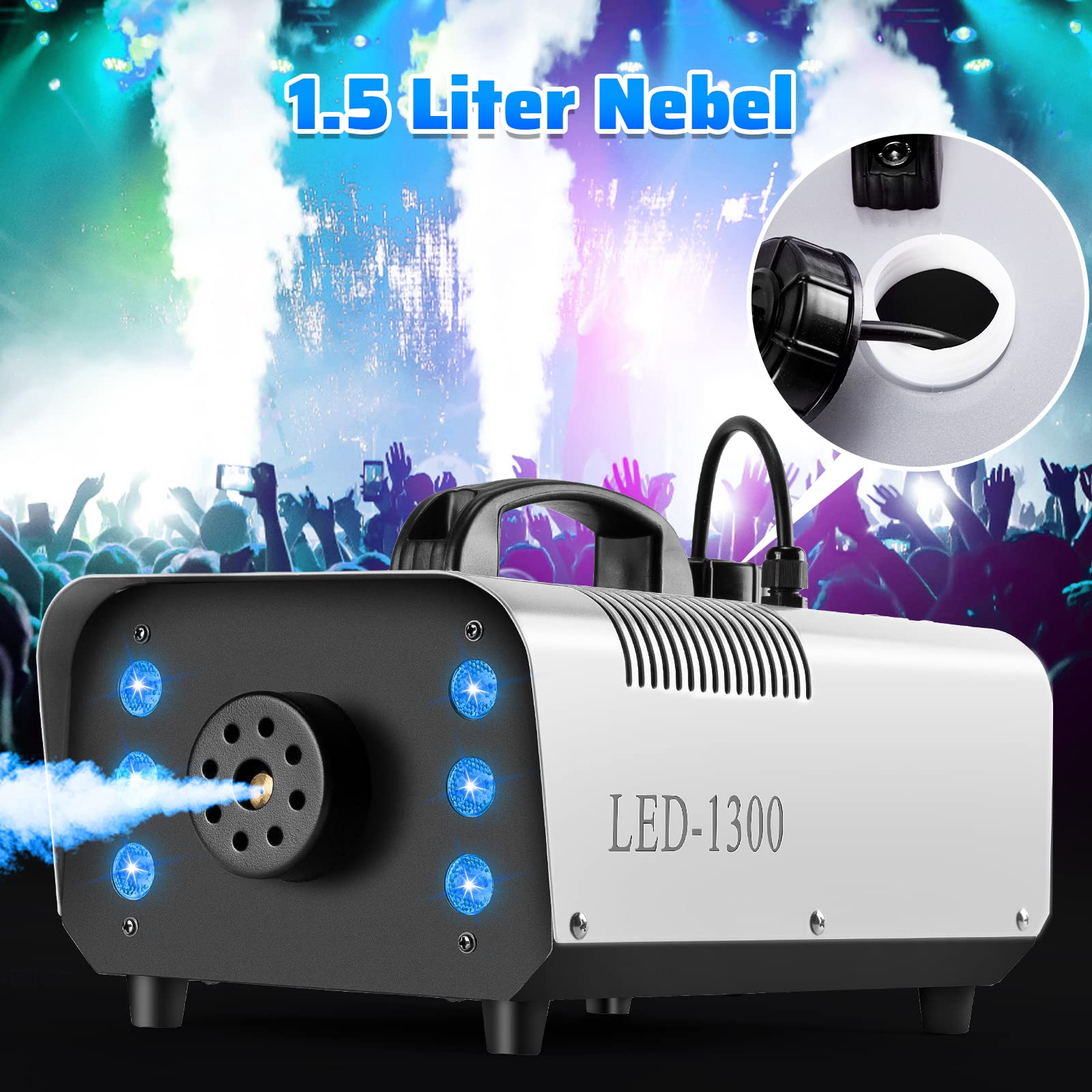 Machine à fumée 1300 avec effet RVB, 13 couleurs, 6 LED, mini fumée, avec 2 télécommandes filaires et sans fil pour DJ, discothèque, Halloween, mariages, Noël