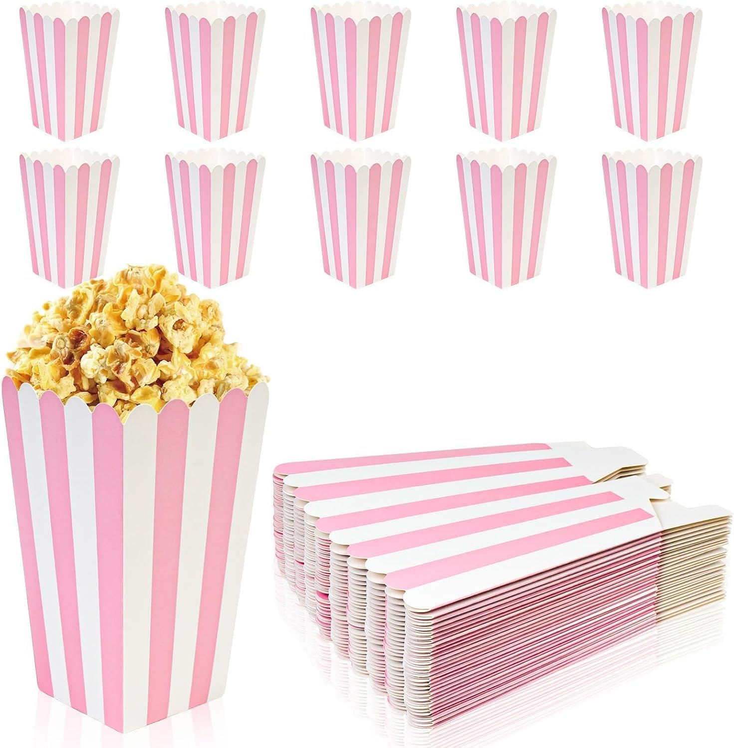 30 Pcs Pink & White Striped Popcorn Boxes, Mini Paper Snack Containers for Movie Night, Birthday Party Favors, Carnival Treat Boxes, 4.33 × 2.76 × 1.97 IN (11 × 7 × 5 CM)